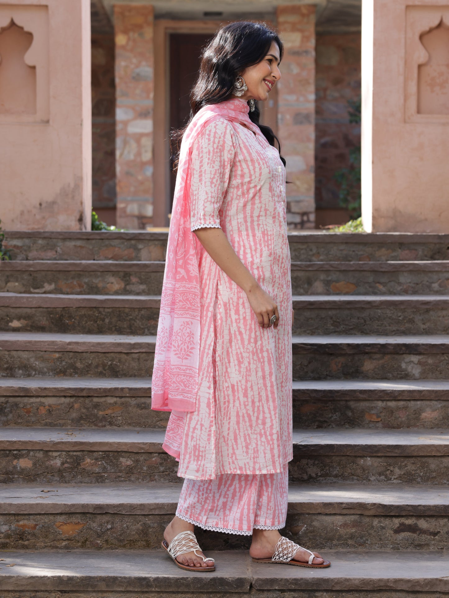 Soft Cotton Tie-dye A-line Pink Kurta