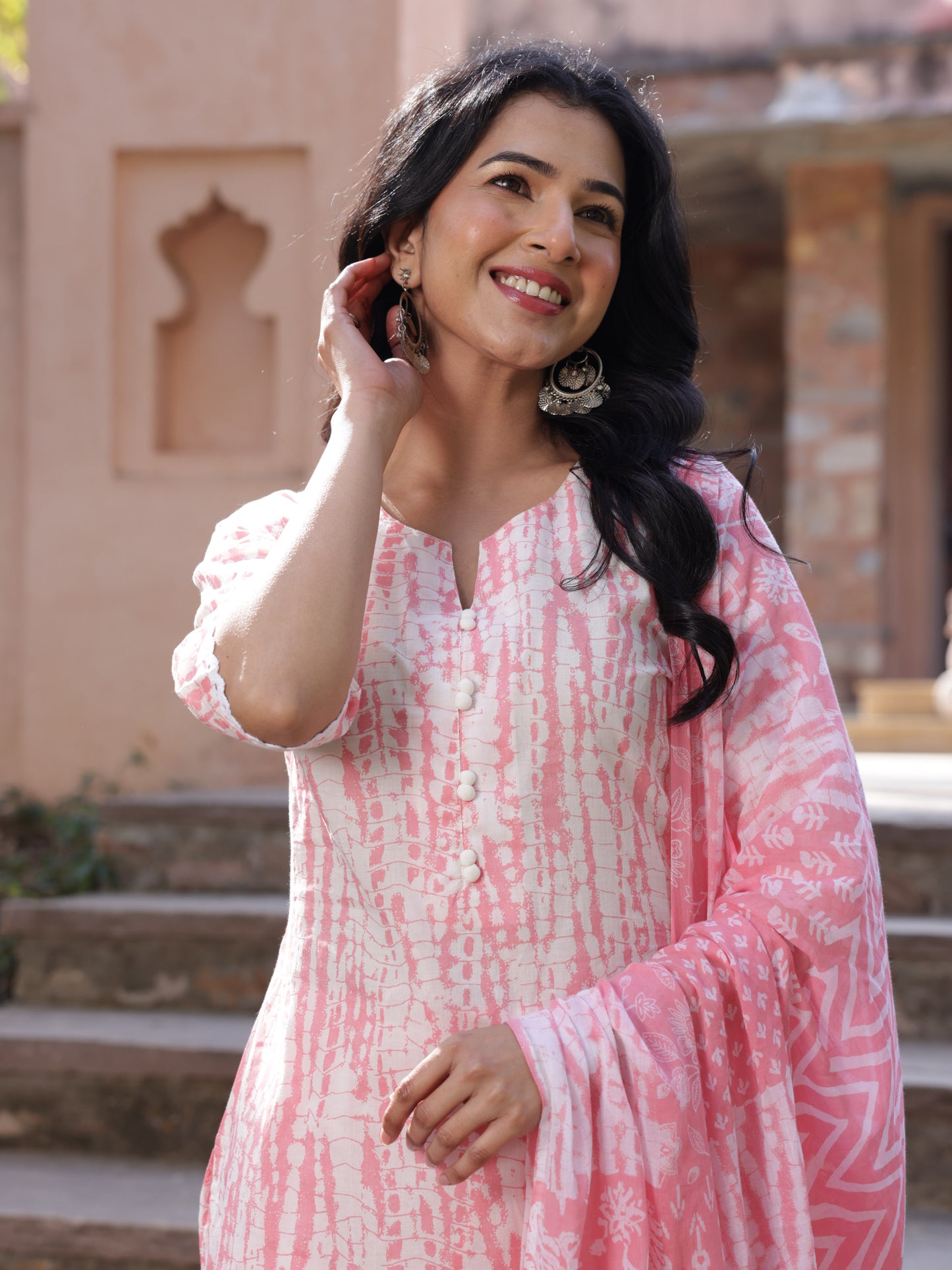 Soft Cotton Tie-dye A-line Pink Kurta
