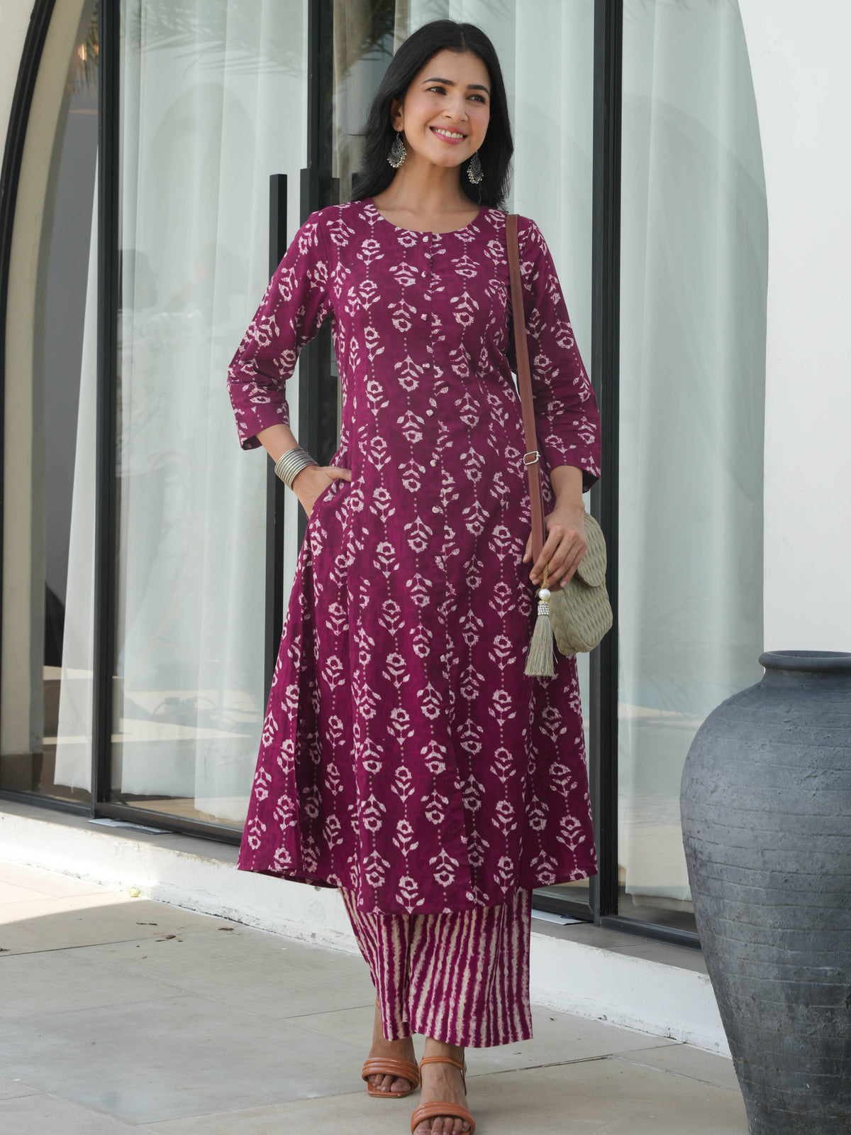 Soft Cotton Abstract Flared Purple Kurta