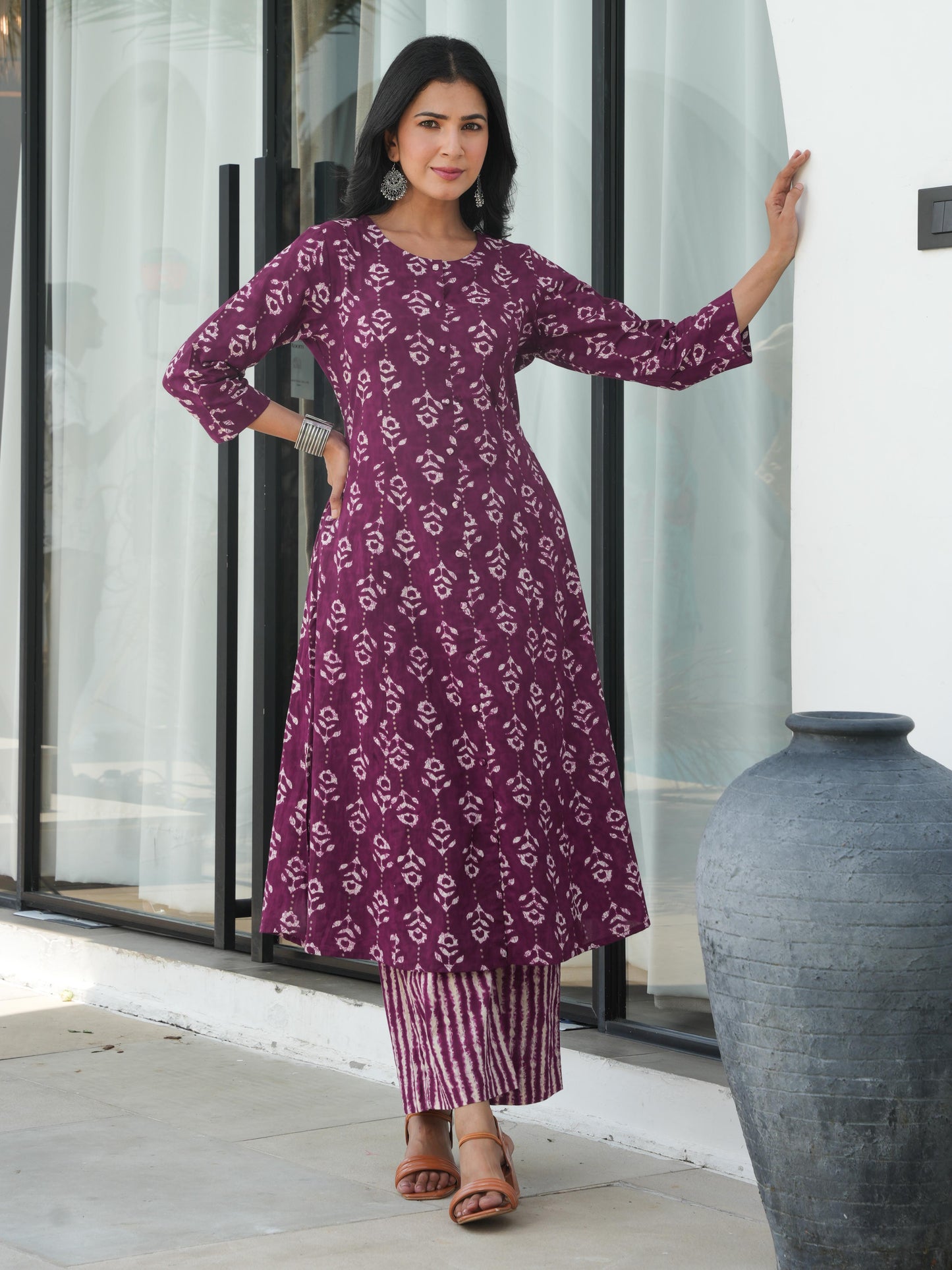 Soft Cotton Abstract Flared Purple Kurta