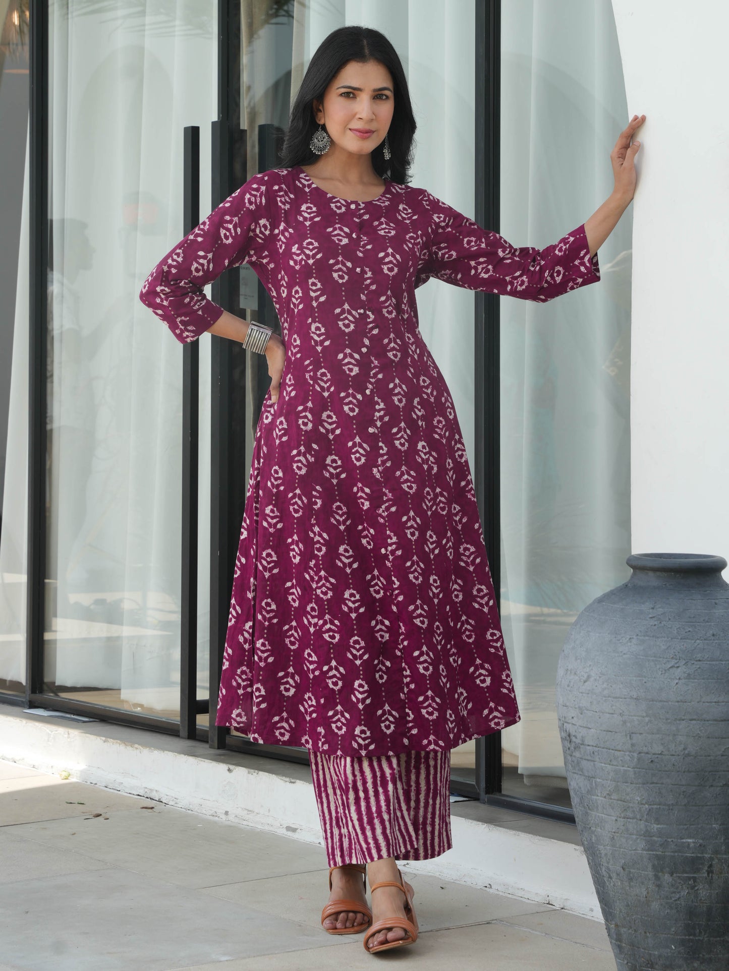 Soft Cotton Abstract Flared Purple Kurta