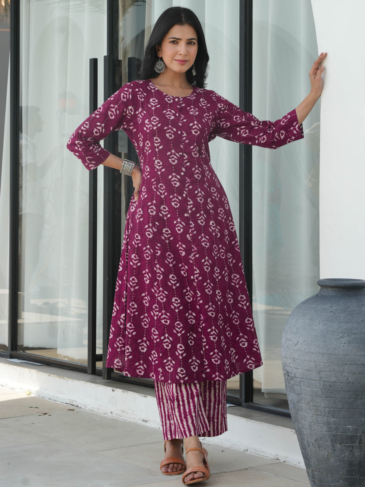 Soft Cotton Abstract Flared Purple Kurta