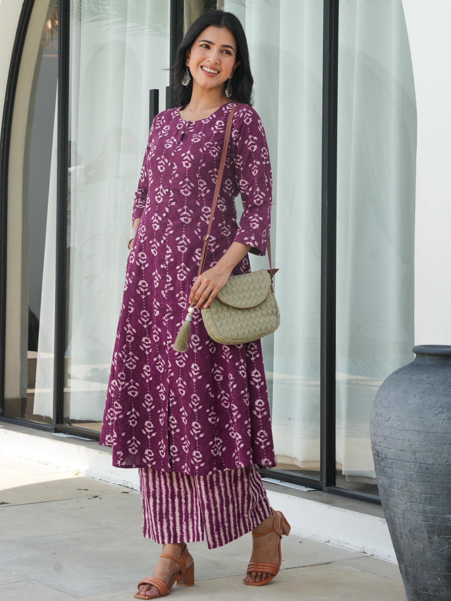 Soft Cotton Abstract Flared Purple Kurta