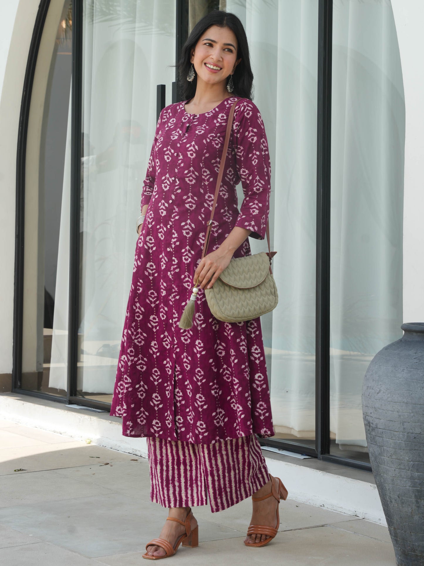 Soft Cotton Abstract Flared Purple Kurta