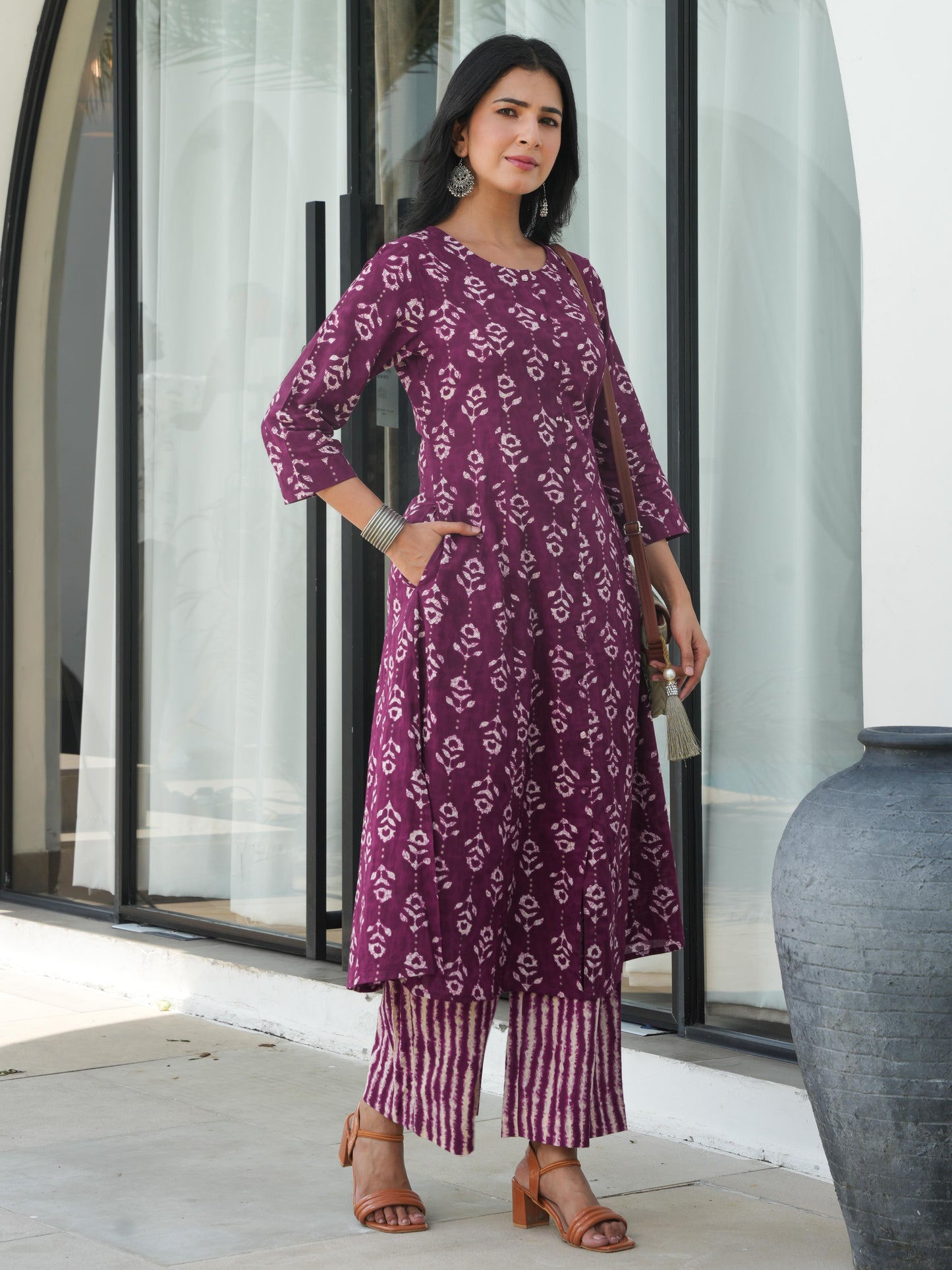 Soft Cotton Abstract Flared Purple Kurta