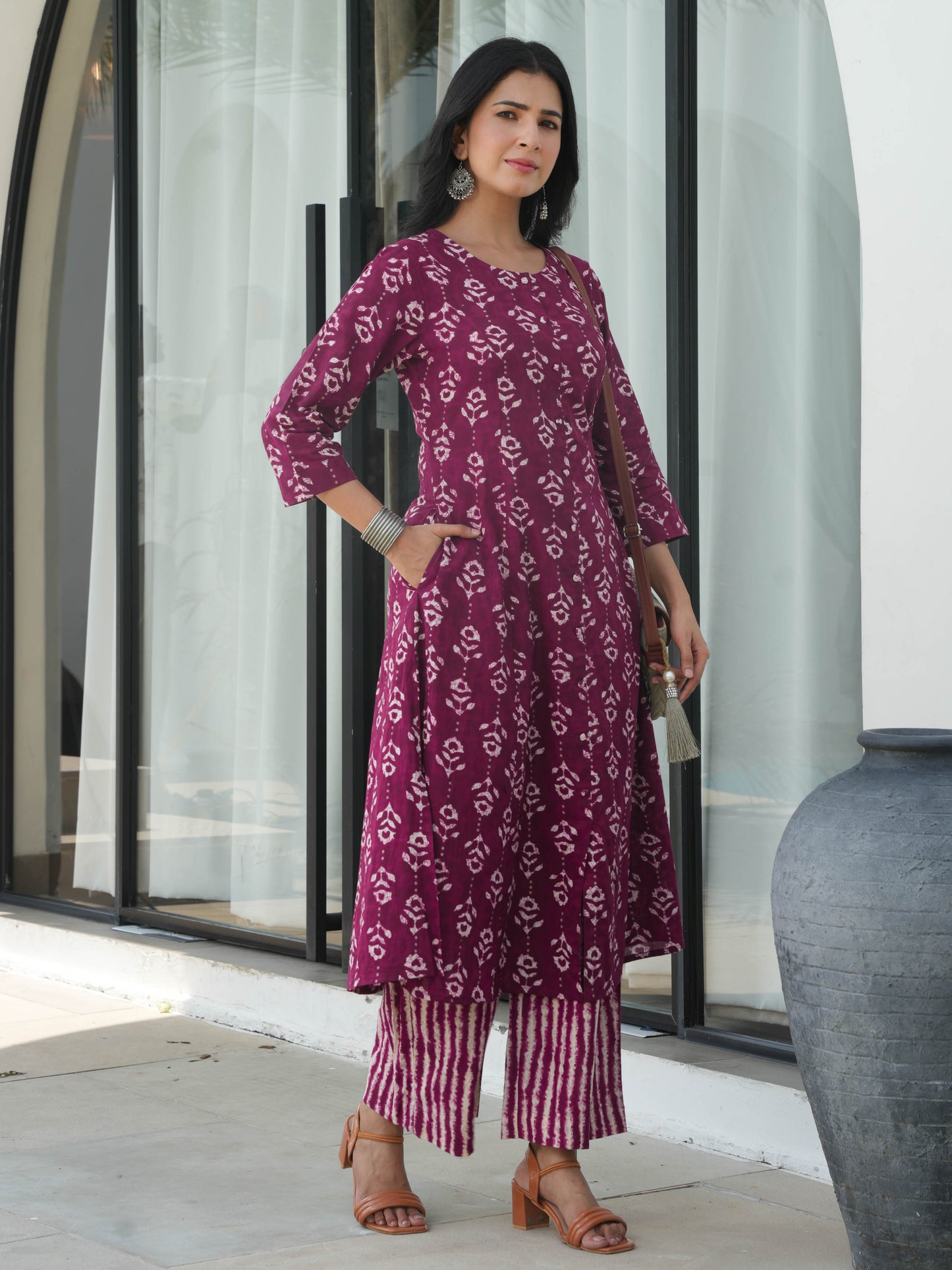 Soft Cotton Abstract Flared Purple Kurta
