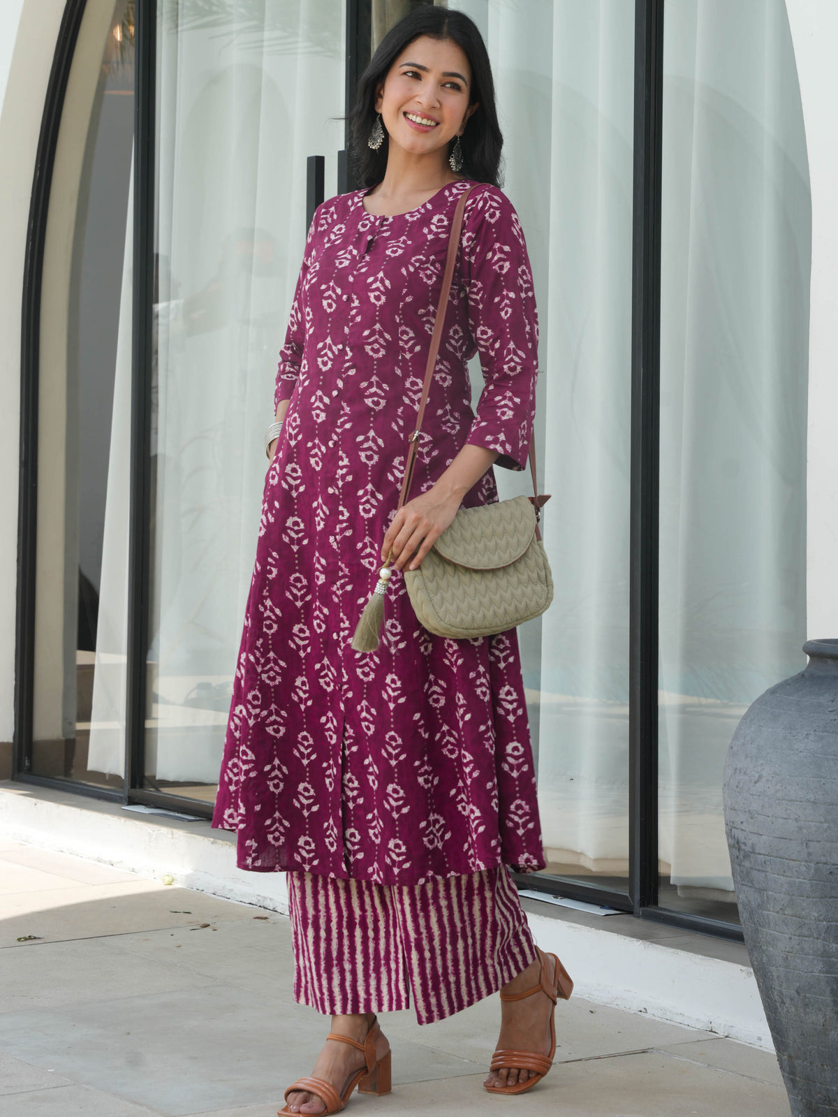 Soft Cotton Abstract Flared Purple Kurta