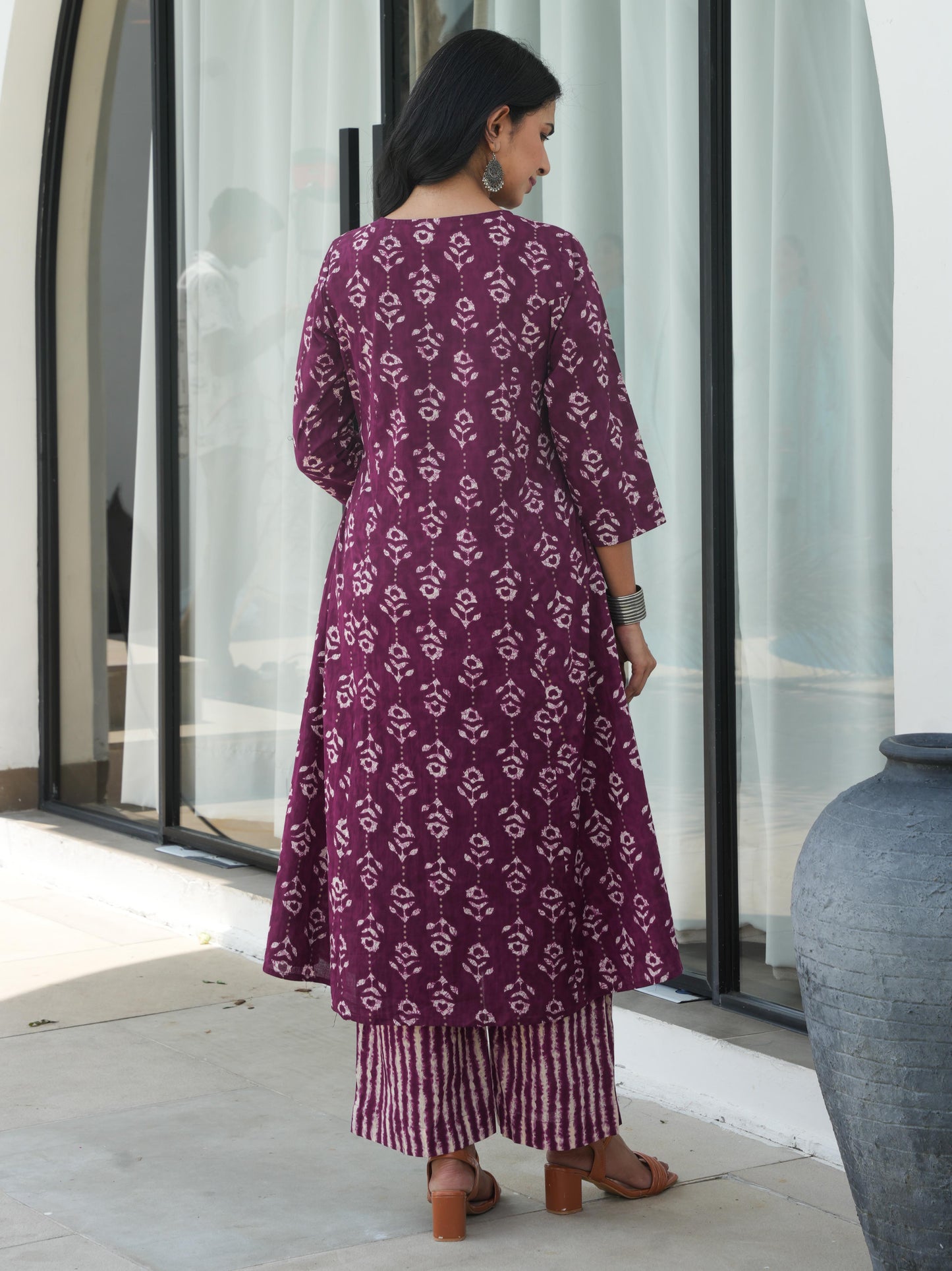 Soft Cotton Abstract Flared Purple Kurta