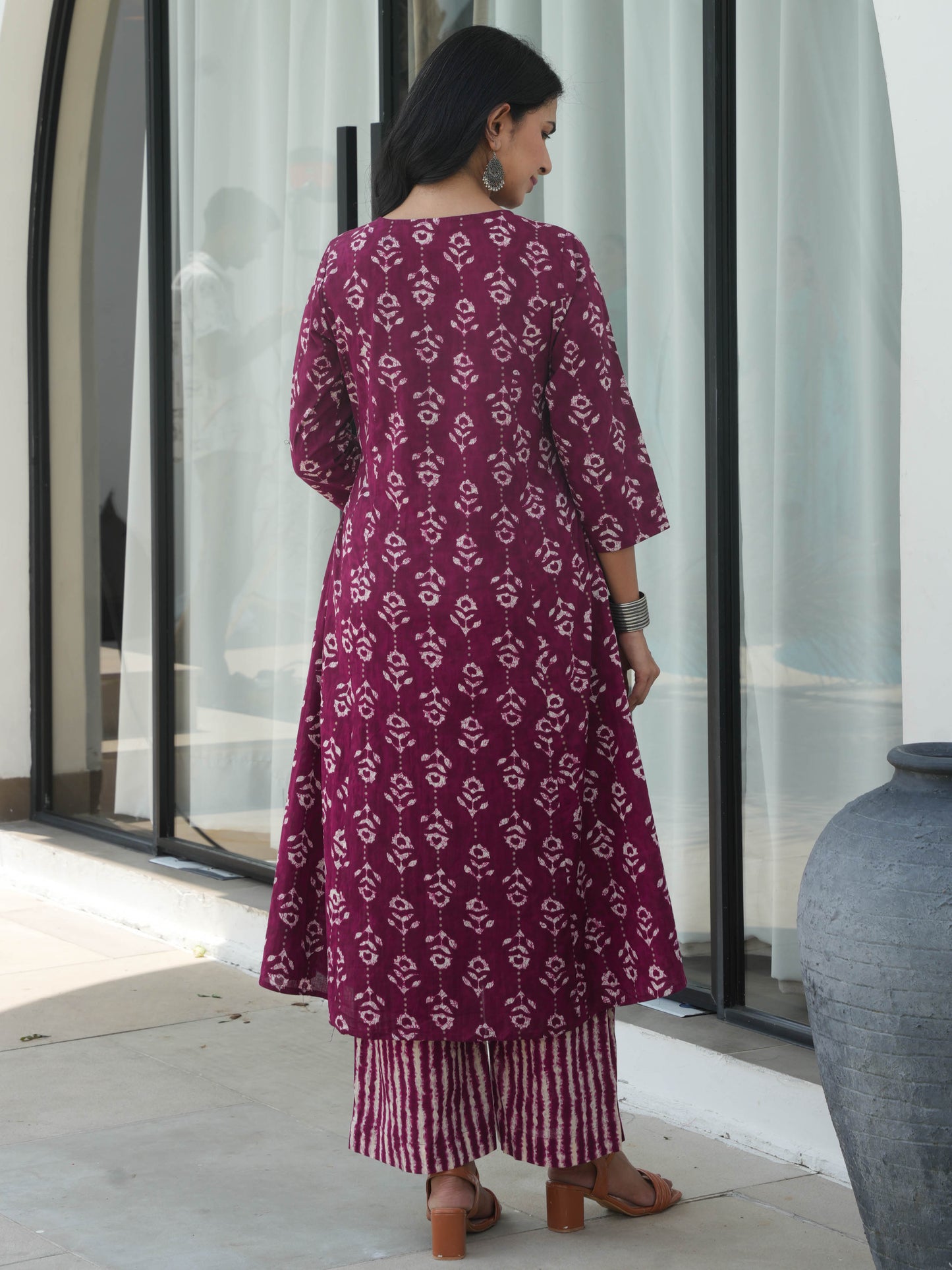Soft Cotton Abstract Flared Purple Kurta
