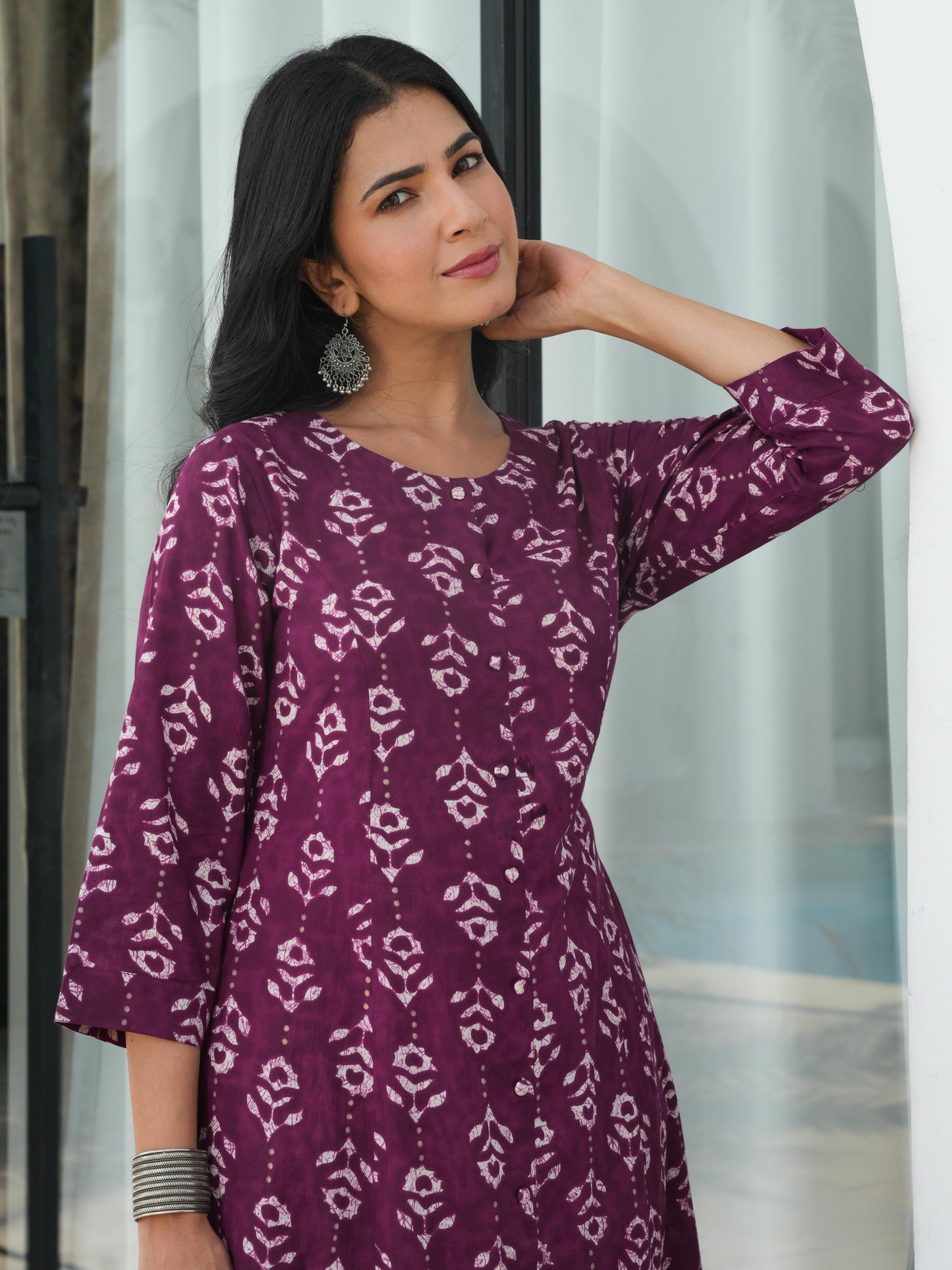 Soft Cotton Abstract Flared Purple Kurta