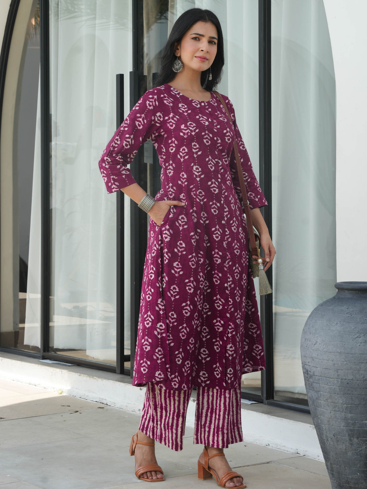 Soft Cotton Abstract Flared Purple Kurta