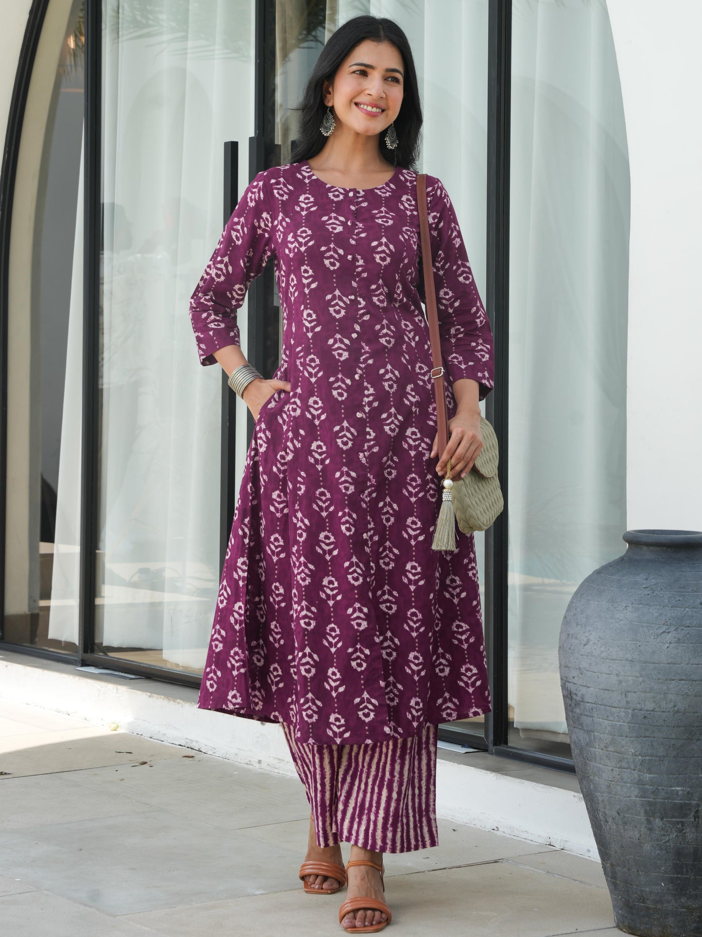 Soft Cotton Abstract Flared Purple Kurta
