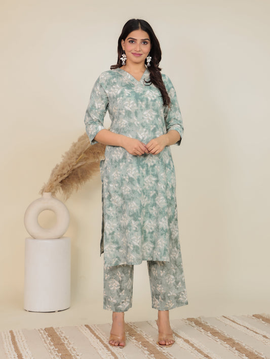 Kantha Cotton Geometric Straight Green Kurta