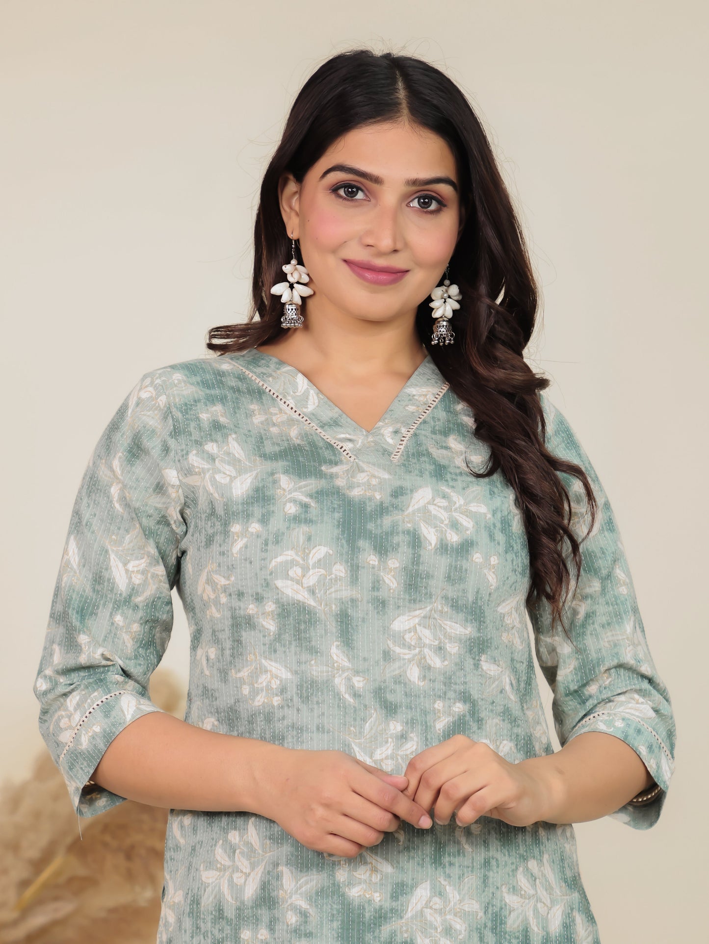 Kantha Cotton Geometric Straight Green Kurta