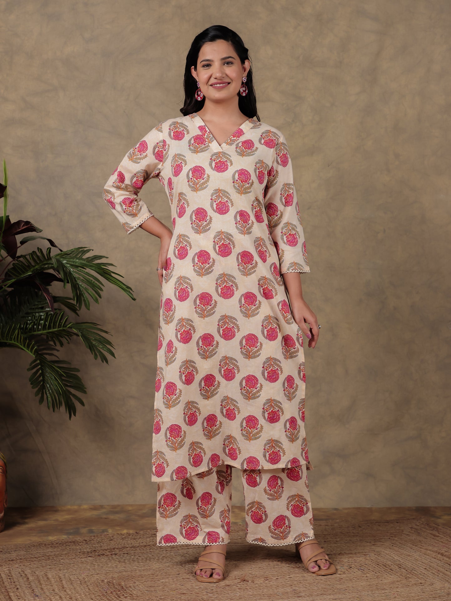 Soft Cotton Floral Straight Cream Kurta
