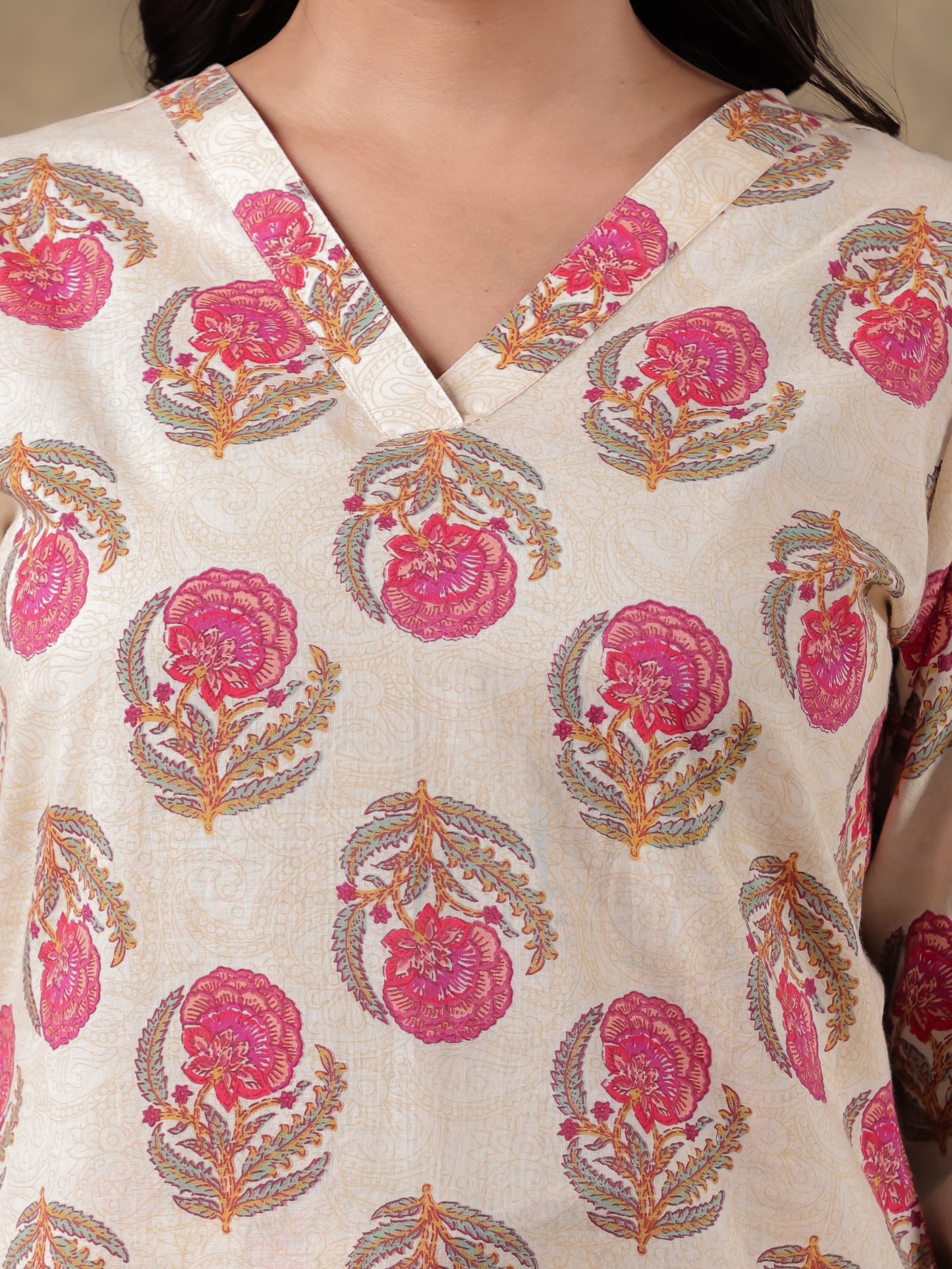 Soft Cotton Floral Straight Cream Kurta