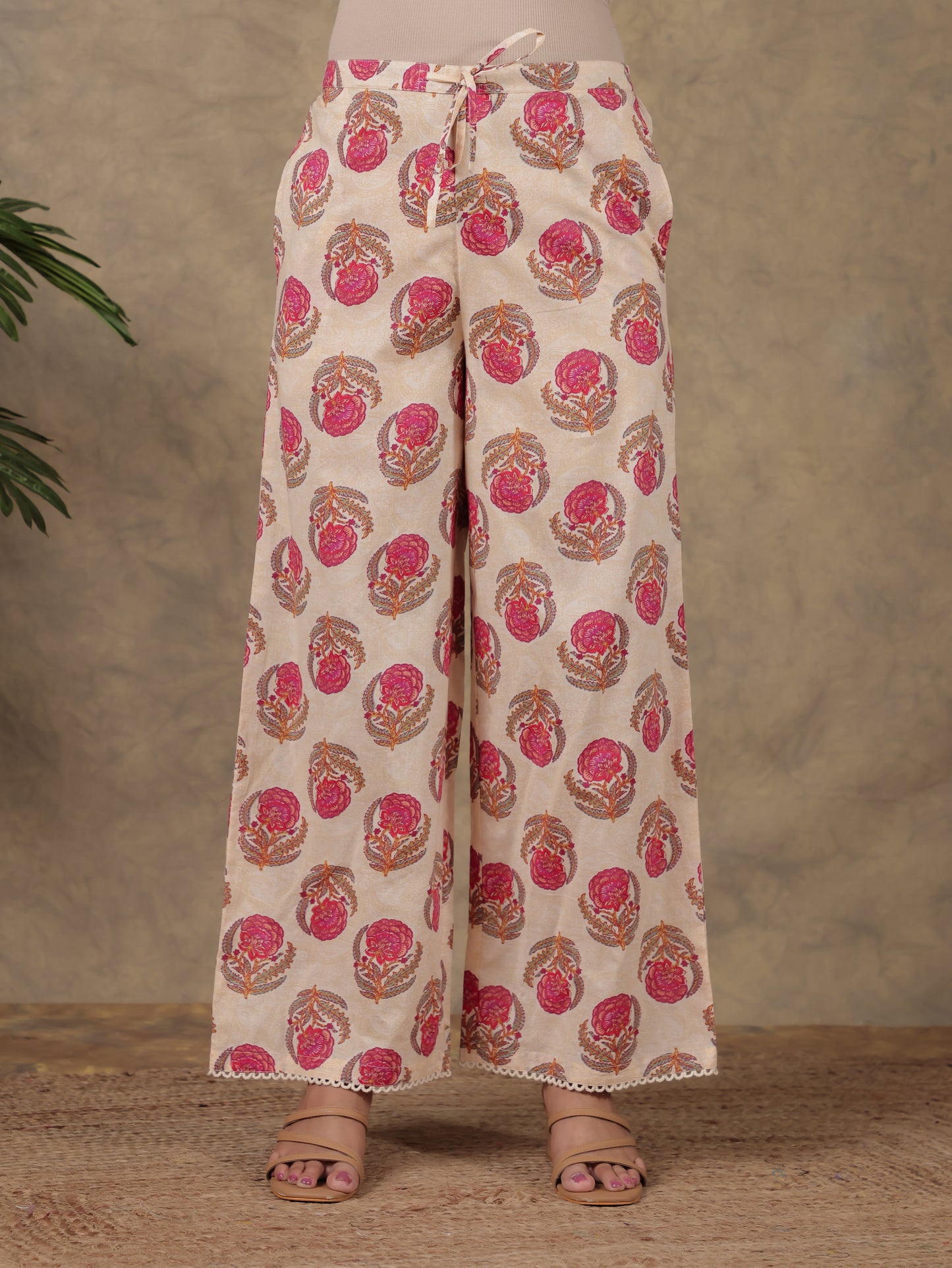 Soft Cotton Floral Straight Cream Kurta