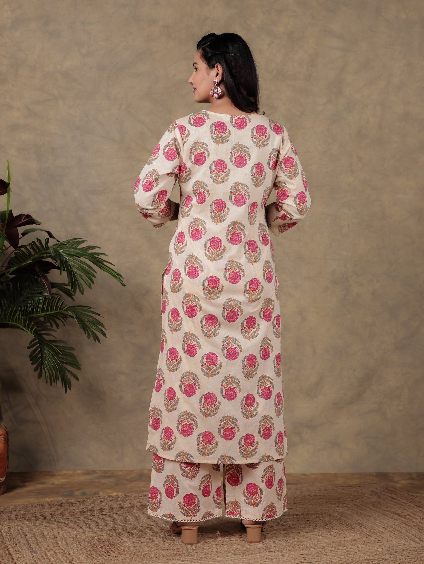 Soft Cotton Floral Straight Cream Kurta