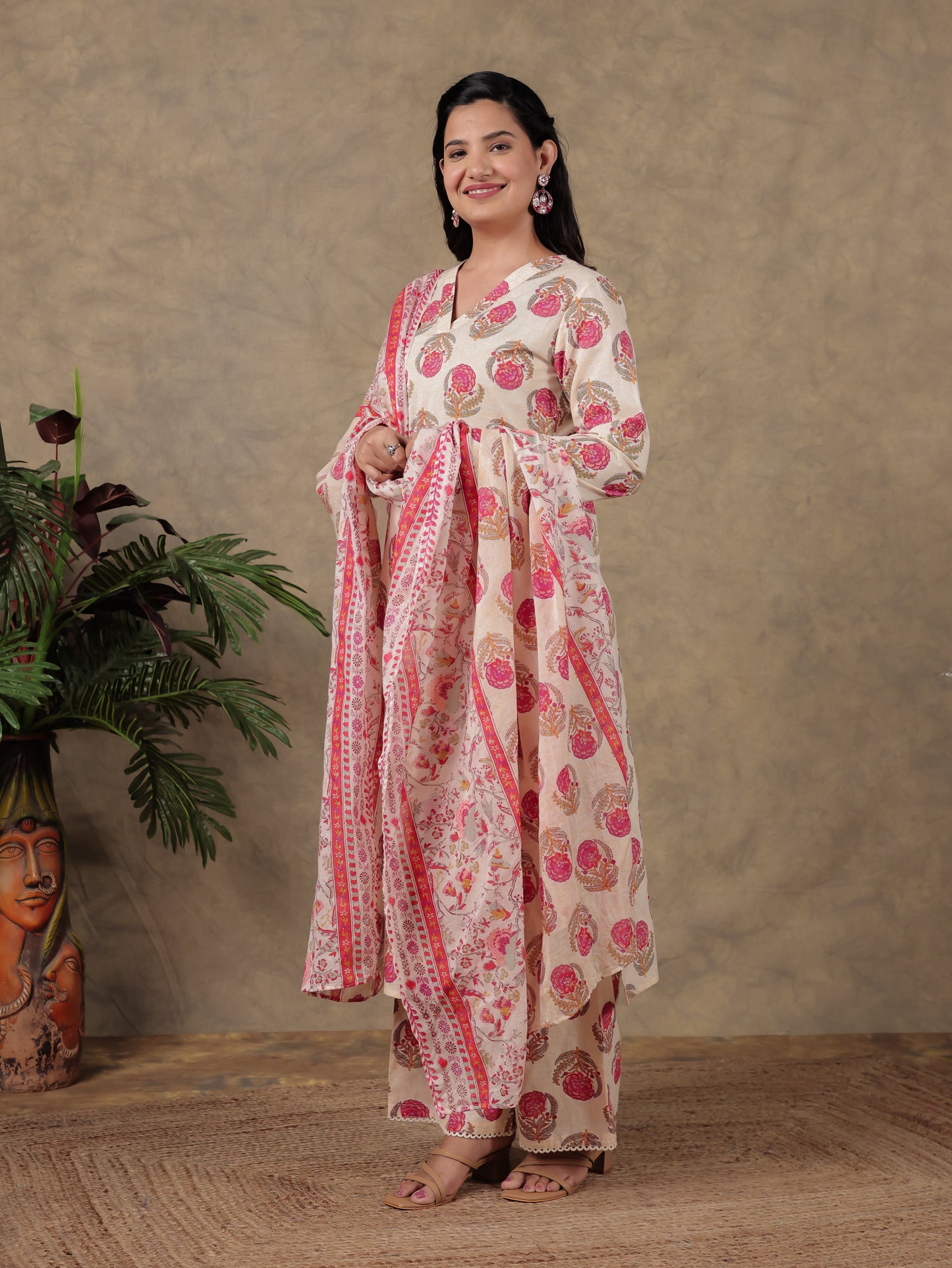 Soft Cotton Floral Straight Cream Kurta