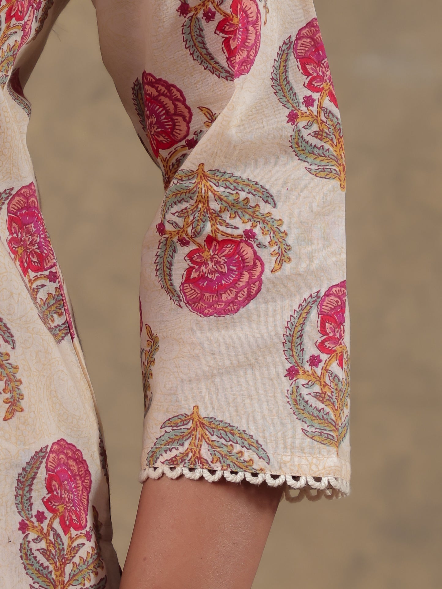 Soft Cotton Floral Straight Cream Kurta
