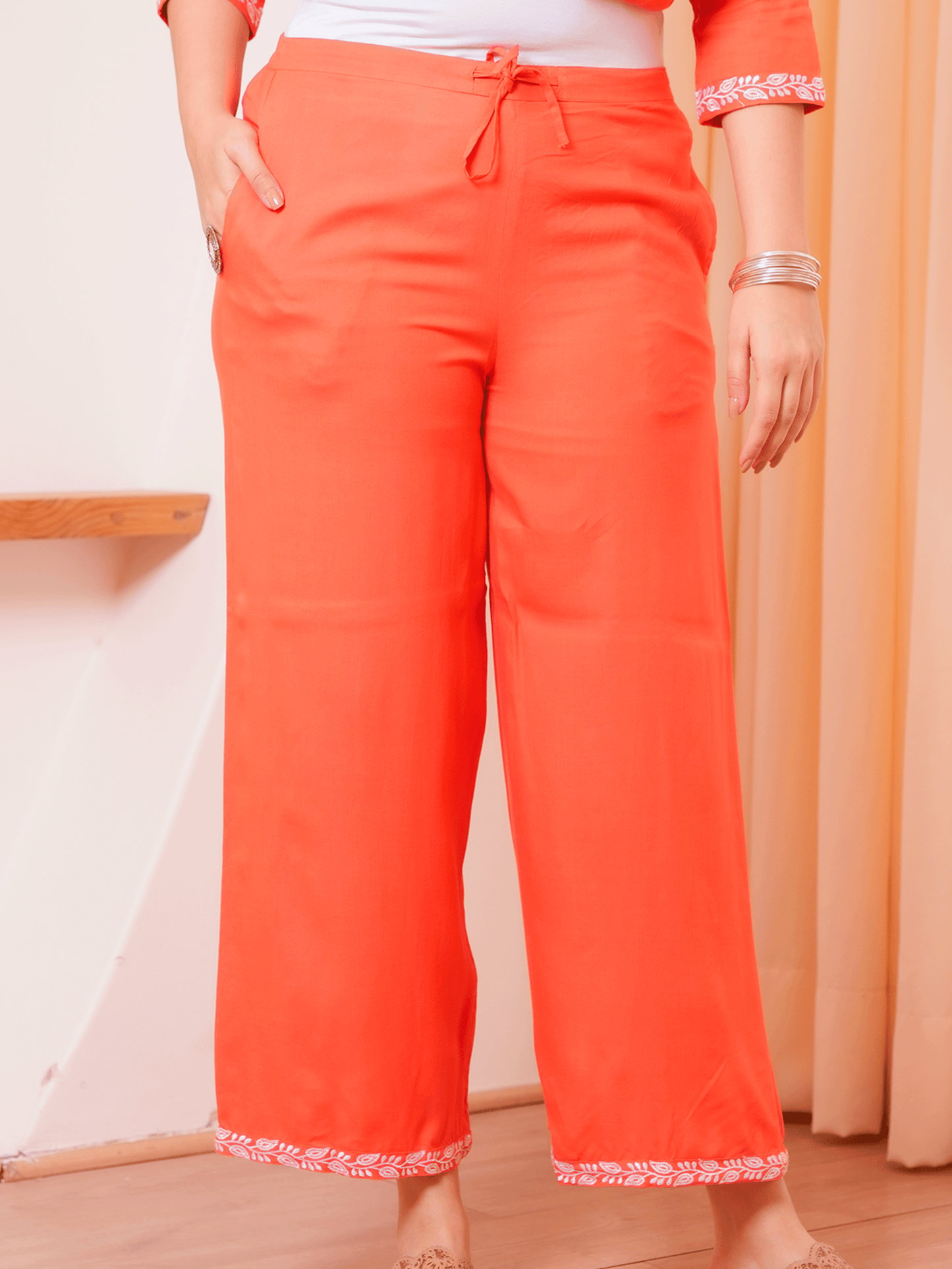 Embroidered Soft Cotton Solid Straight Orange Kurta