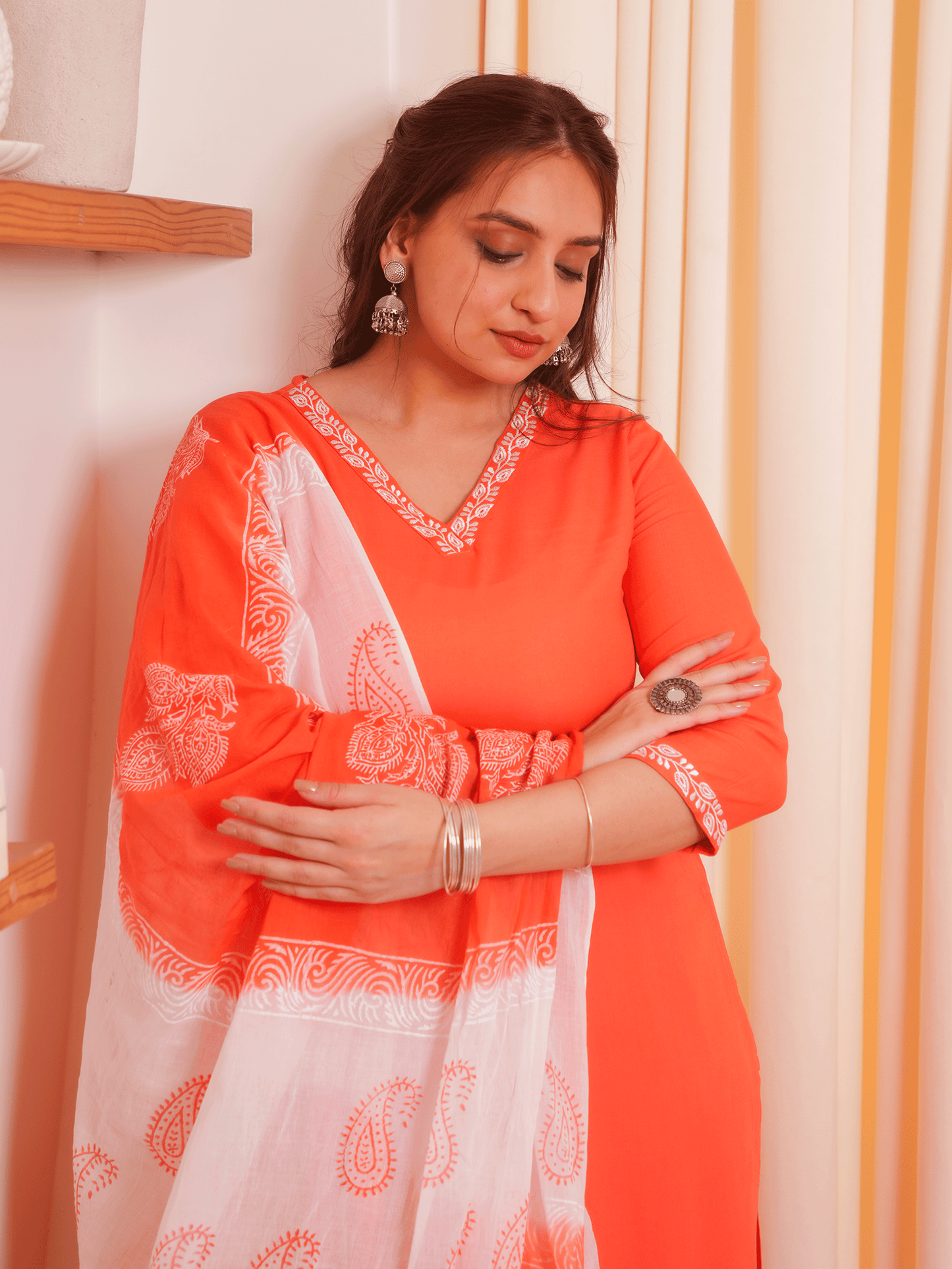 Embroidered Soft Cotton Solid Straight Orange Kurta