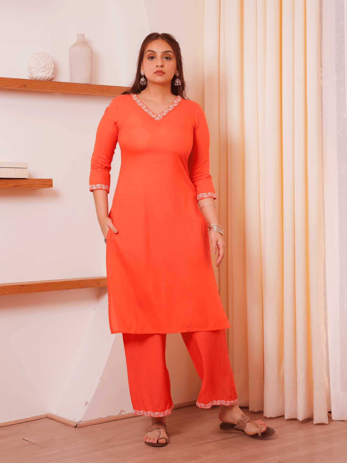 Embroidered Soft Cotton Solid Straight Orange Kurta