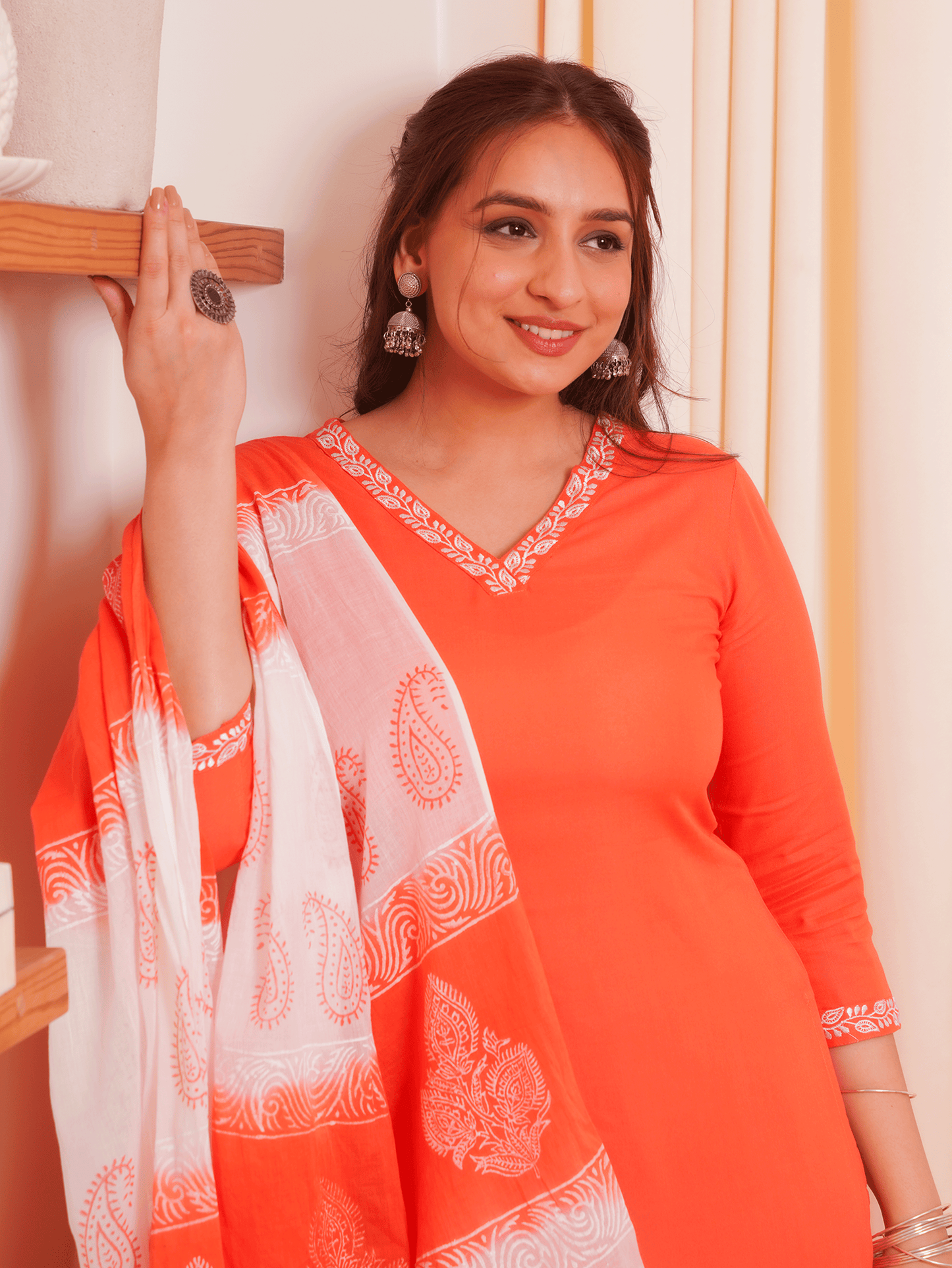 Embroidered Soft Cotton Solid Straight Orange Kurta