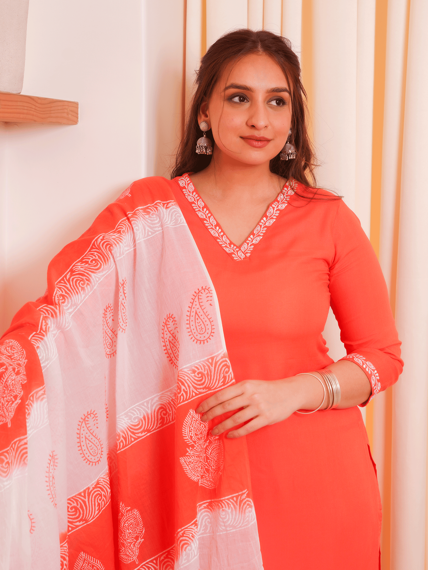 Embroidered Soft Cotton Solid Straight Orange Kurta
