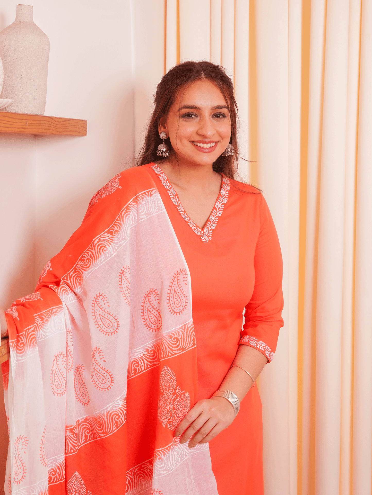 Embroidered Soft Cotton Solid Straight Orange Kurta