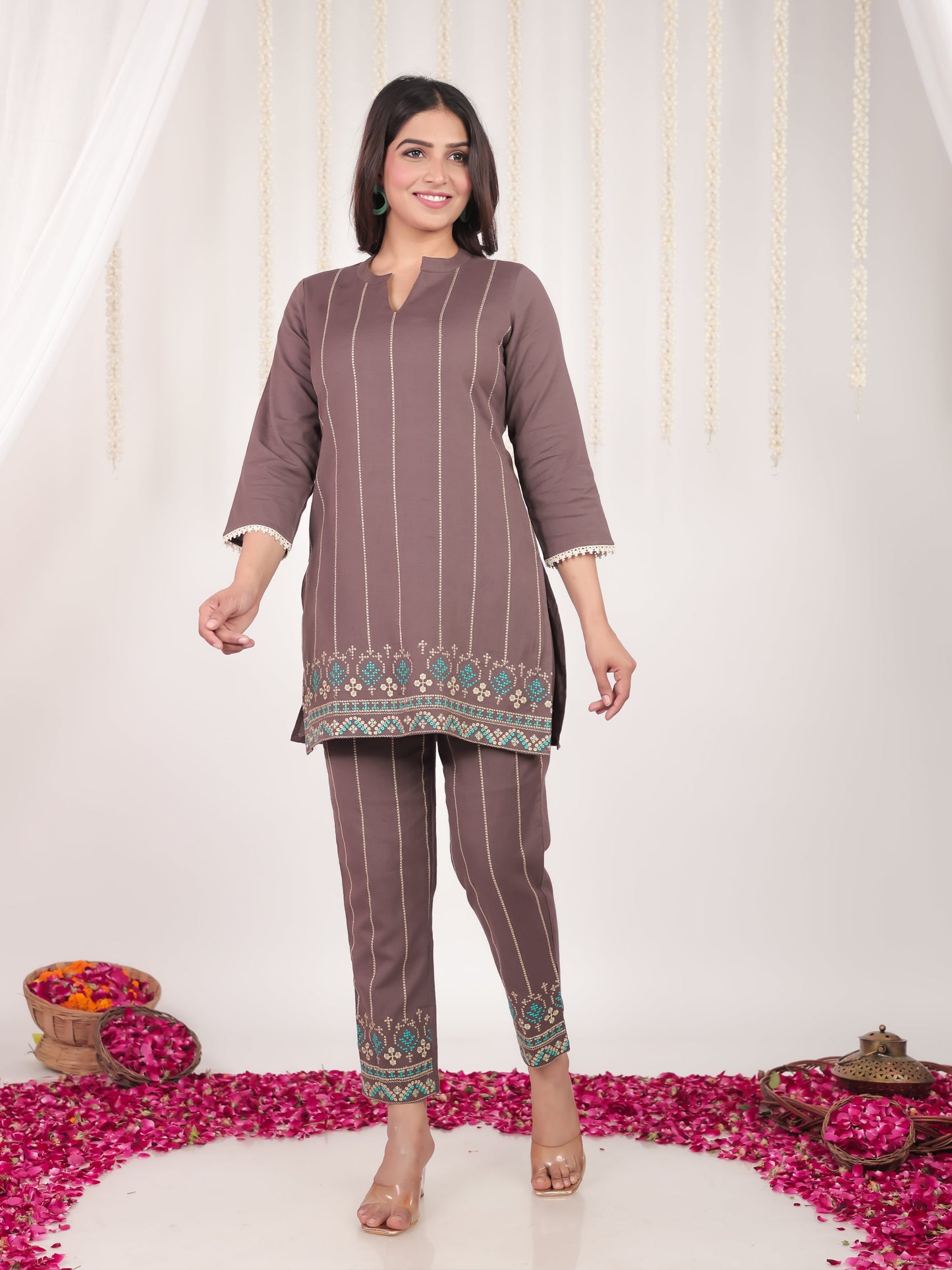 Embroidered Linen Cotton Solid Straight Brown Kurti
