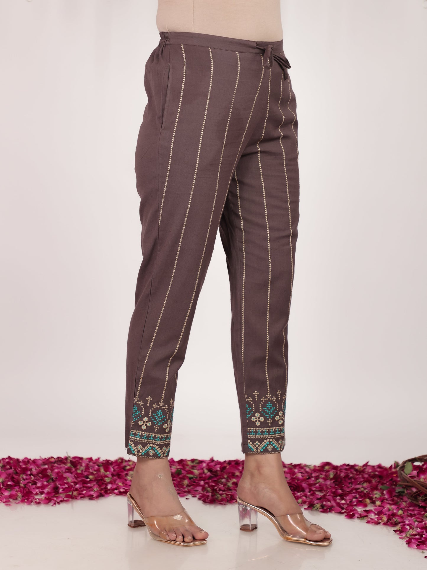 Embroidered Linen Cotton Solid Straight Brown Kurti