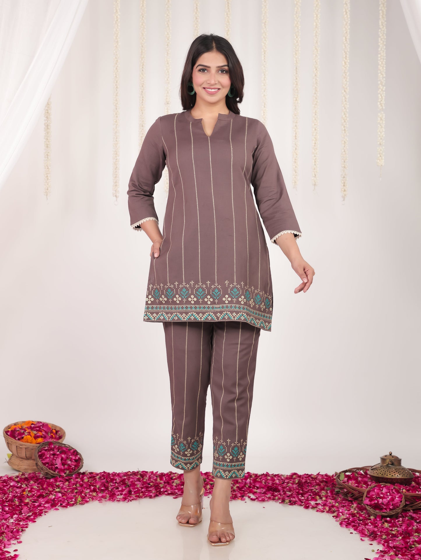 Embroidered Linen Cotton Solid Straight Brown Kurti