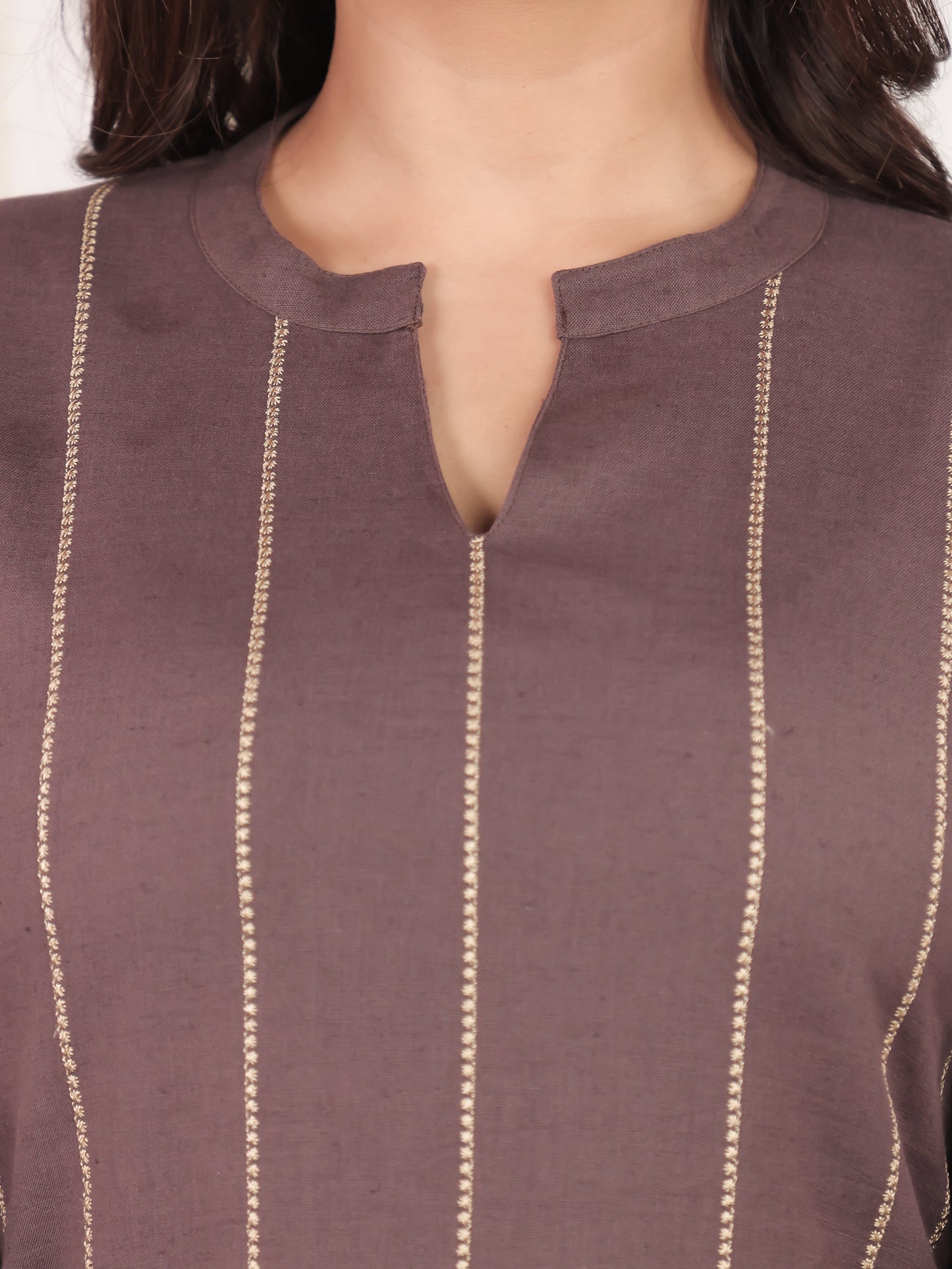 Embroidered Linen Cotton Solid Straight Brown Kurti