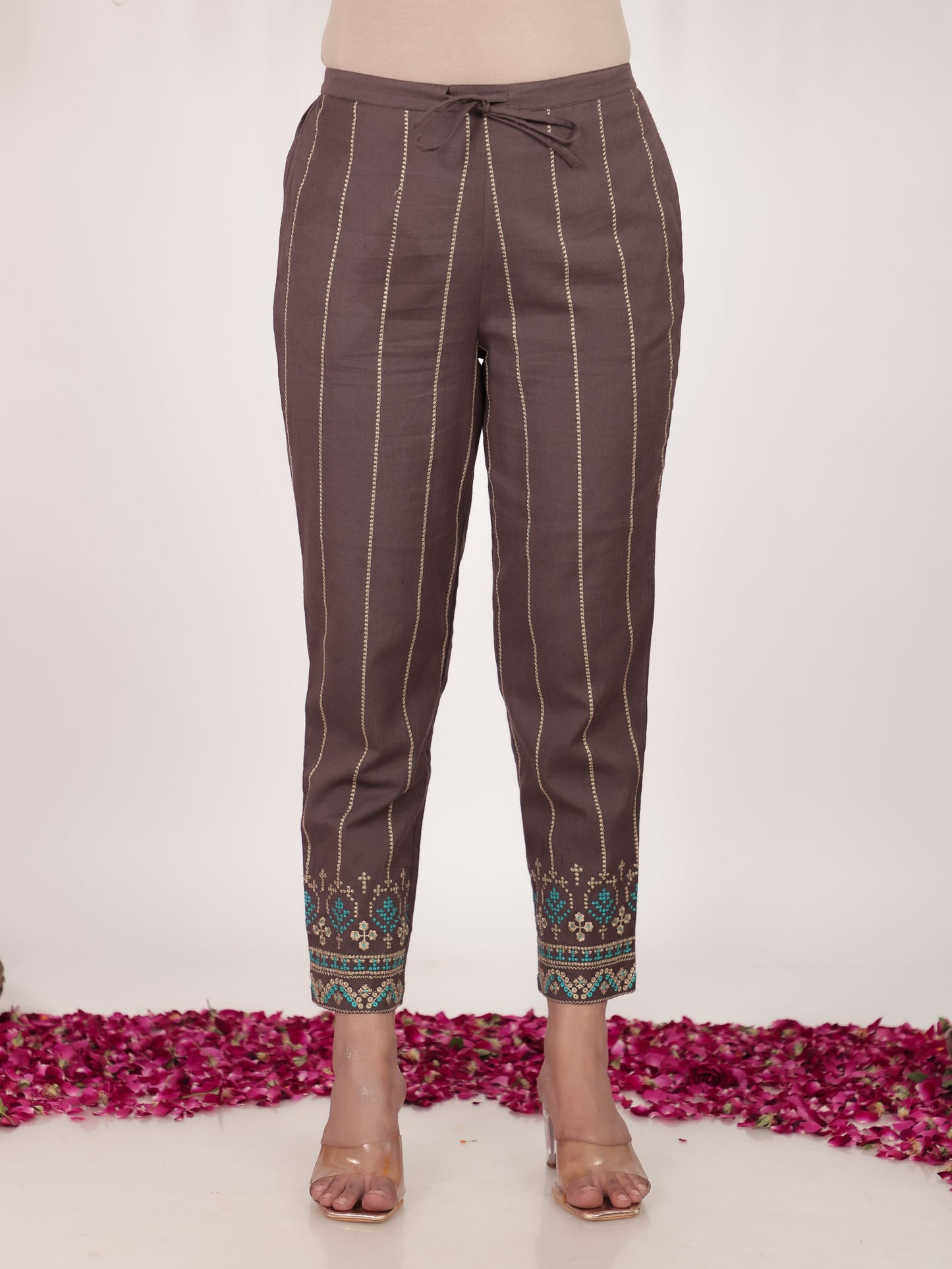 Embroidered Linen Cotton Solid Straight Brown Kurti