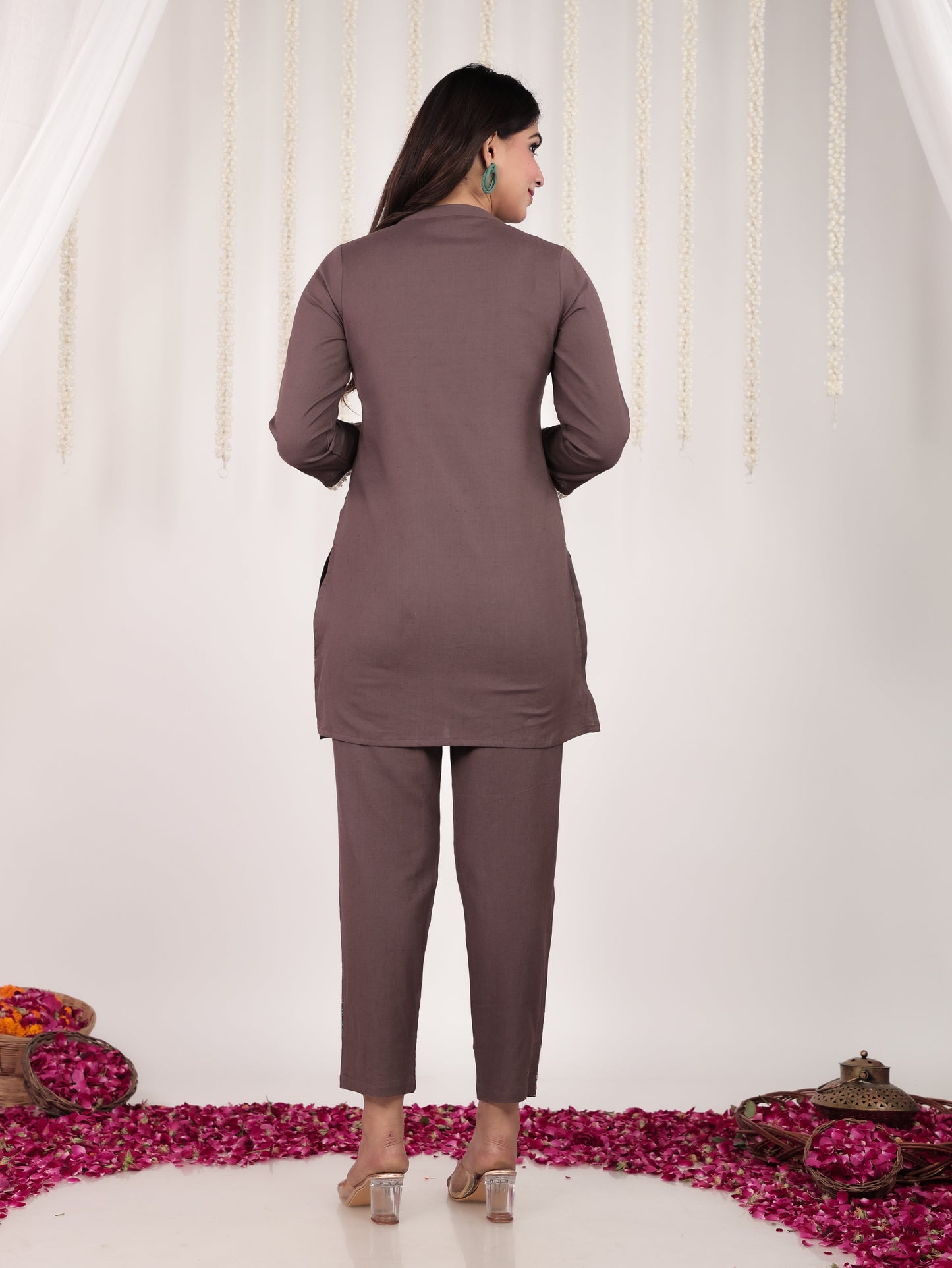 Embroidered Linen Cotton Solid Straight Brown Kurti
