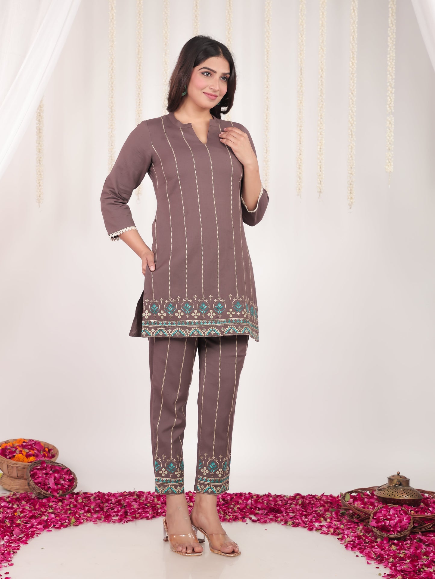 Embroidered Linen Cotton Solid Straight Brown Kurti