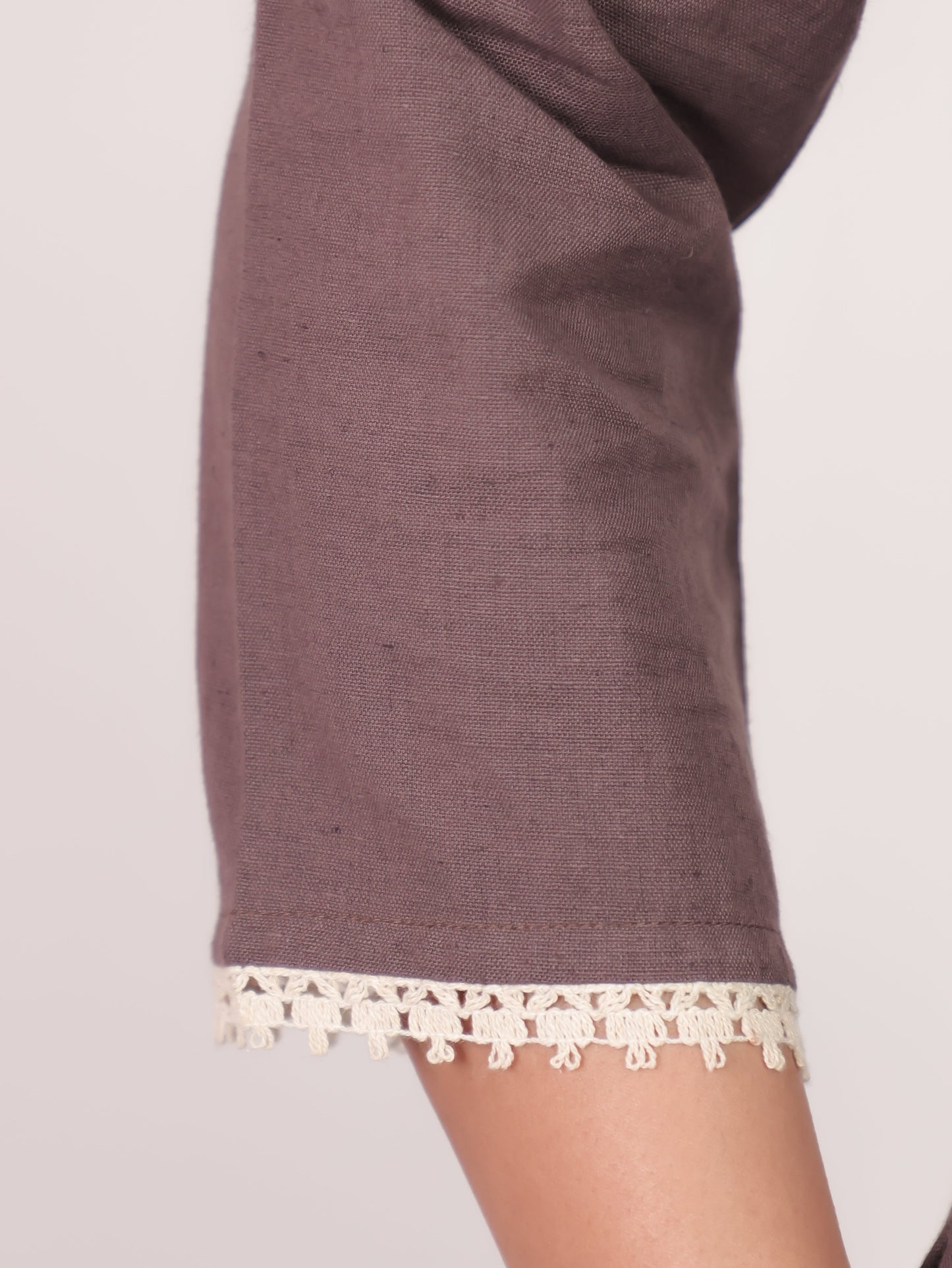 Embroidered Linen Cotton Solid Straight Brown Kurti
