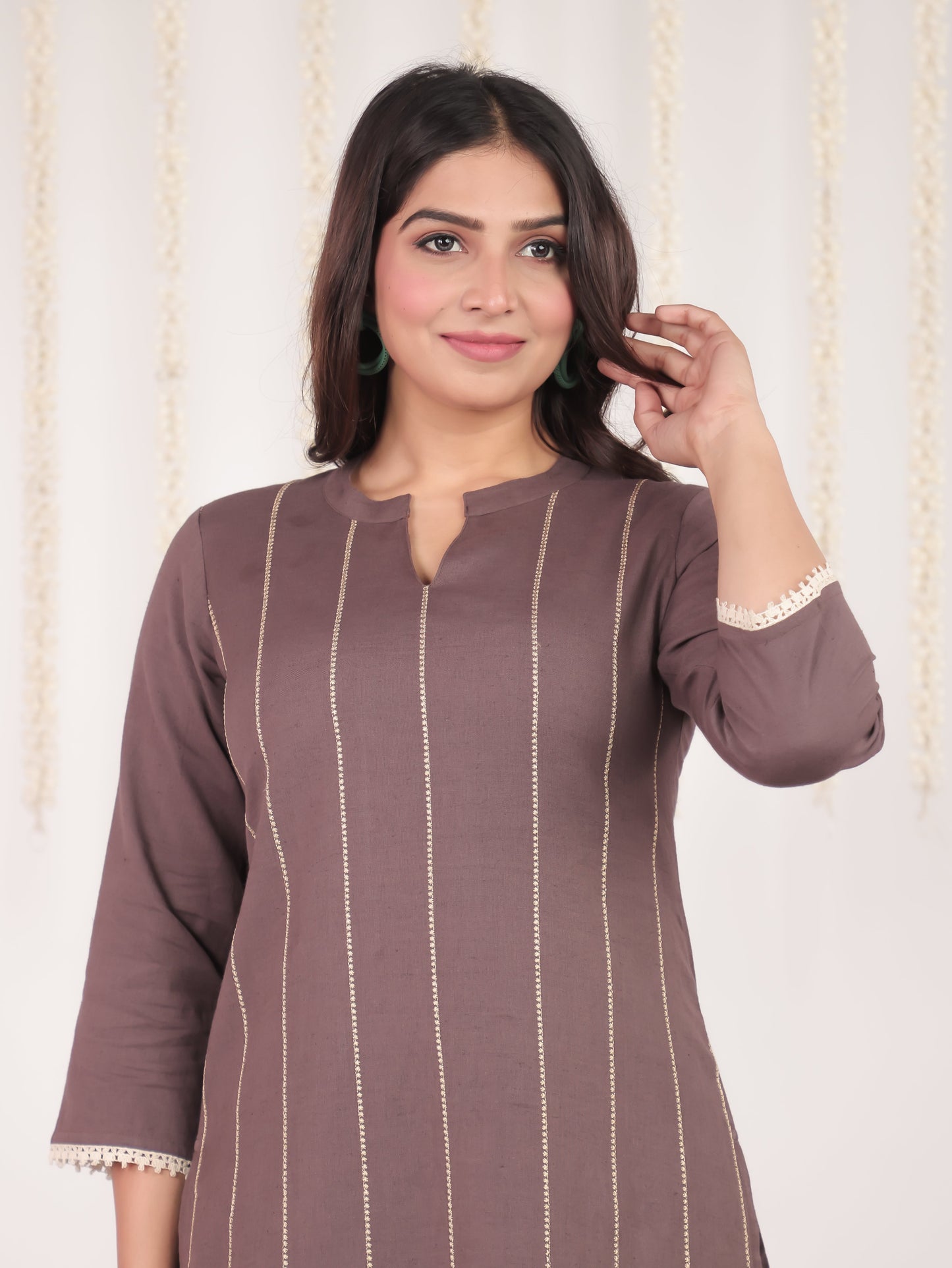 Embroidered Linen Cotton Solid Straight Brown Kurti