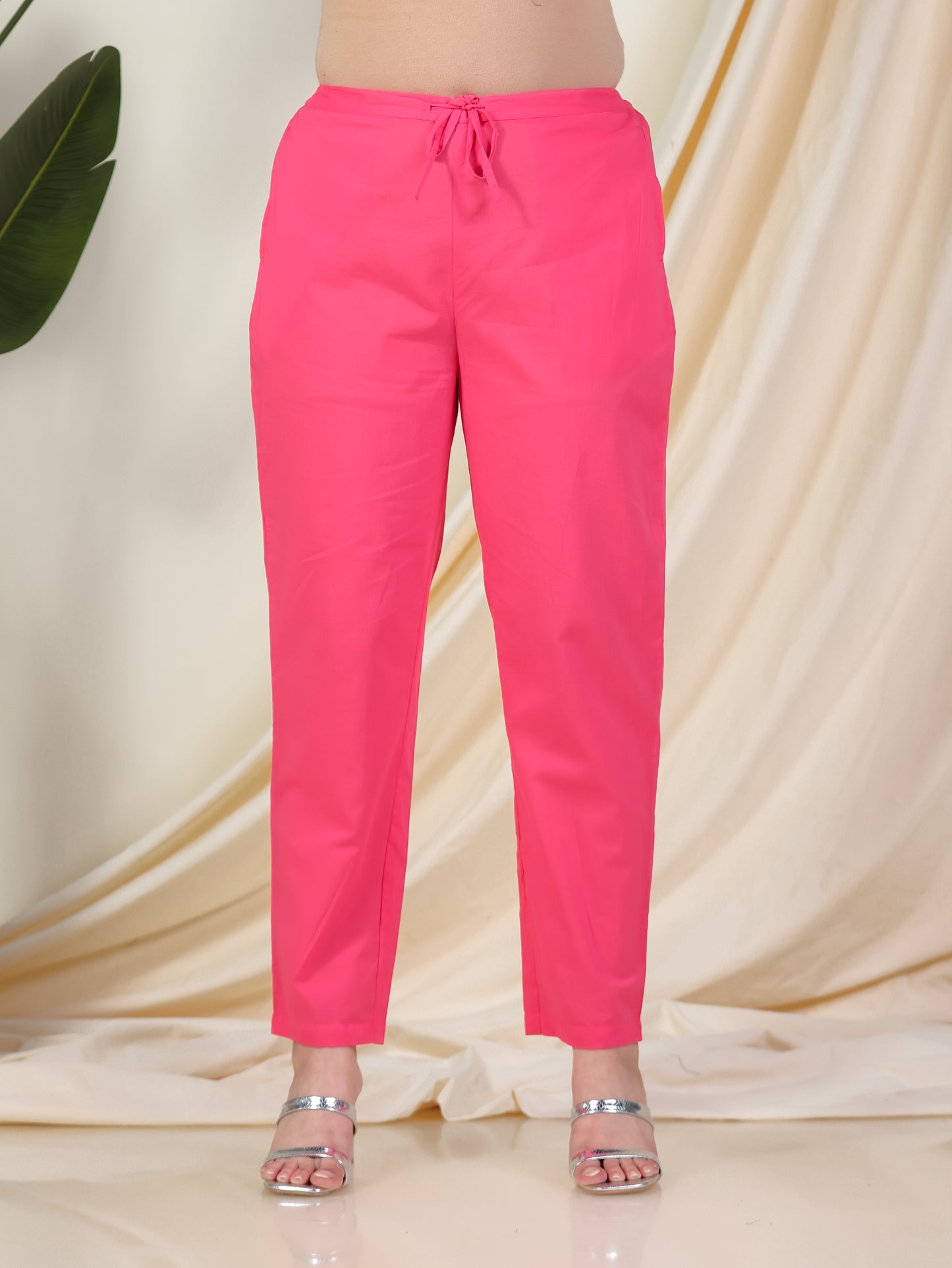 Soft Cotton Solid Pink Tapered Trousers