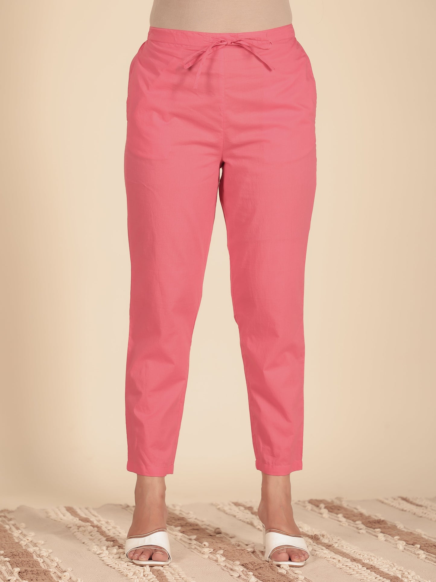 Soft Cotton Solid Pink Tapered Trousers