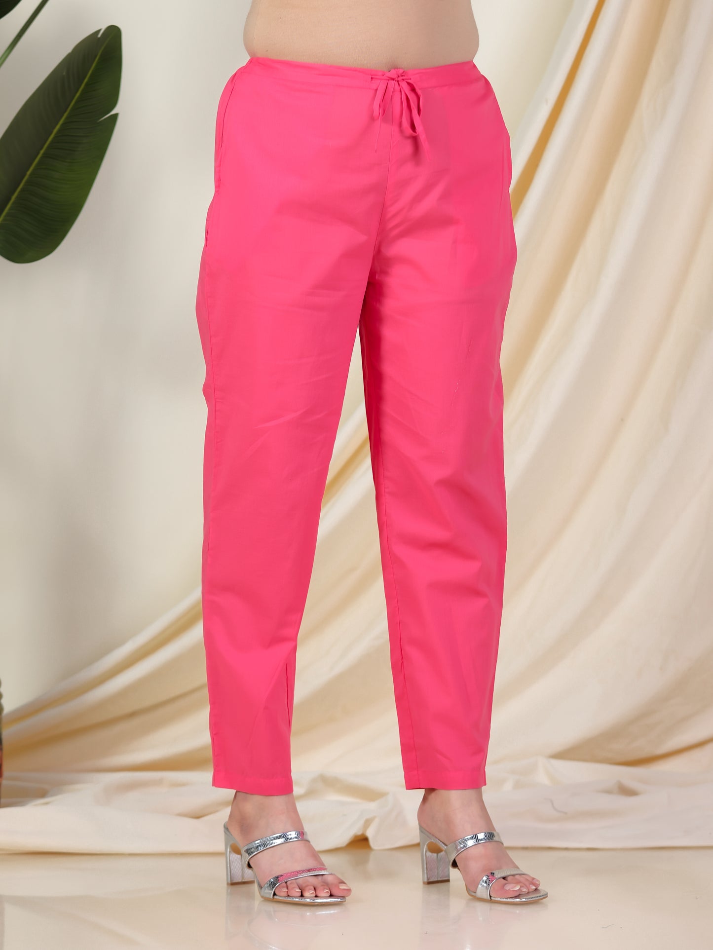 Soft Cotton Solid Pink Tapered Trousers