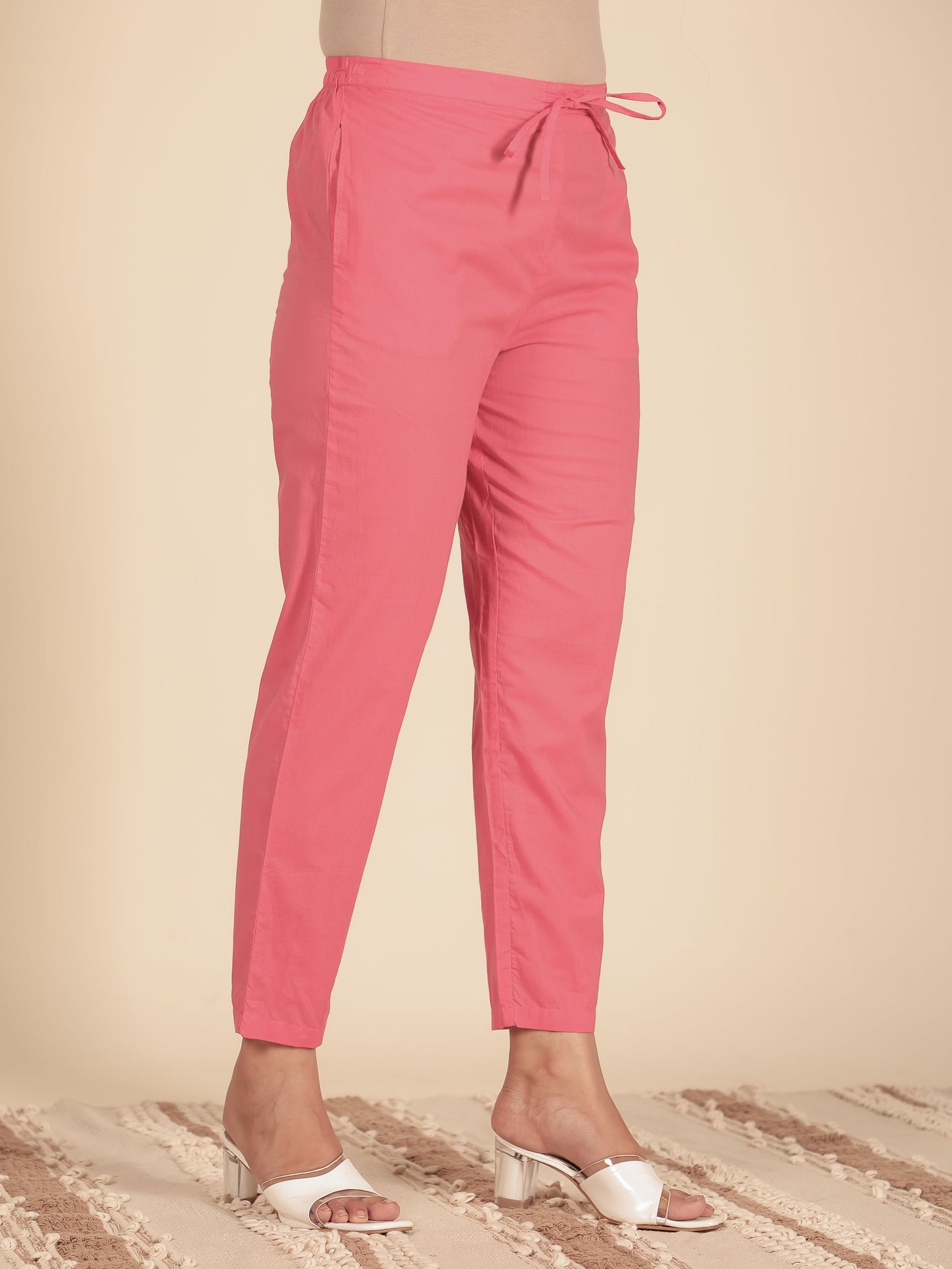 Soft Cotton Solid Pink Tapered Trousers