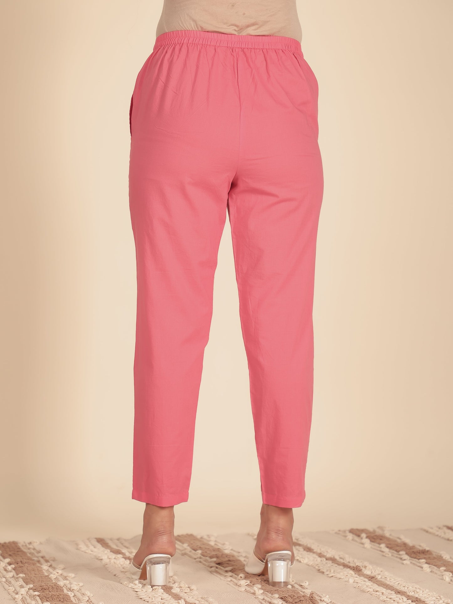 Soft Cotton Solid Pink Tapered Trousers