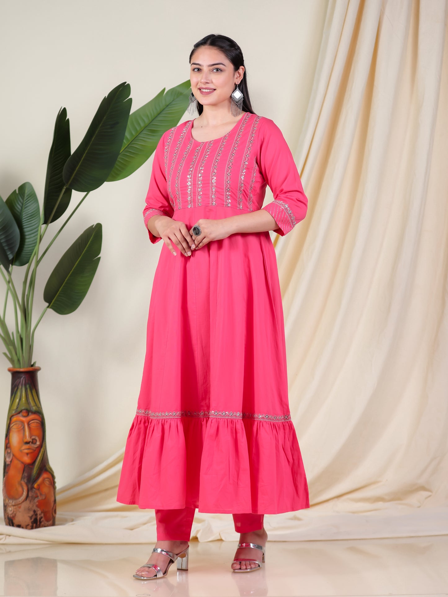 Embroidered Soft Cotton Solid Anarkali Pink Kurta