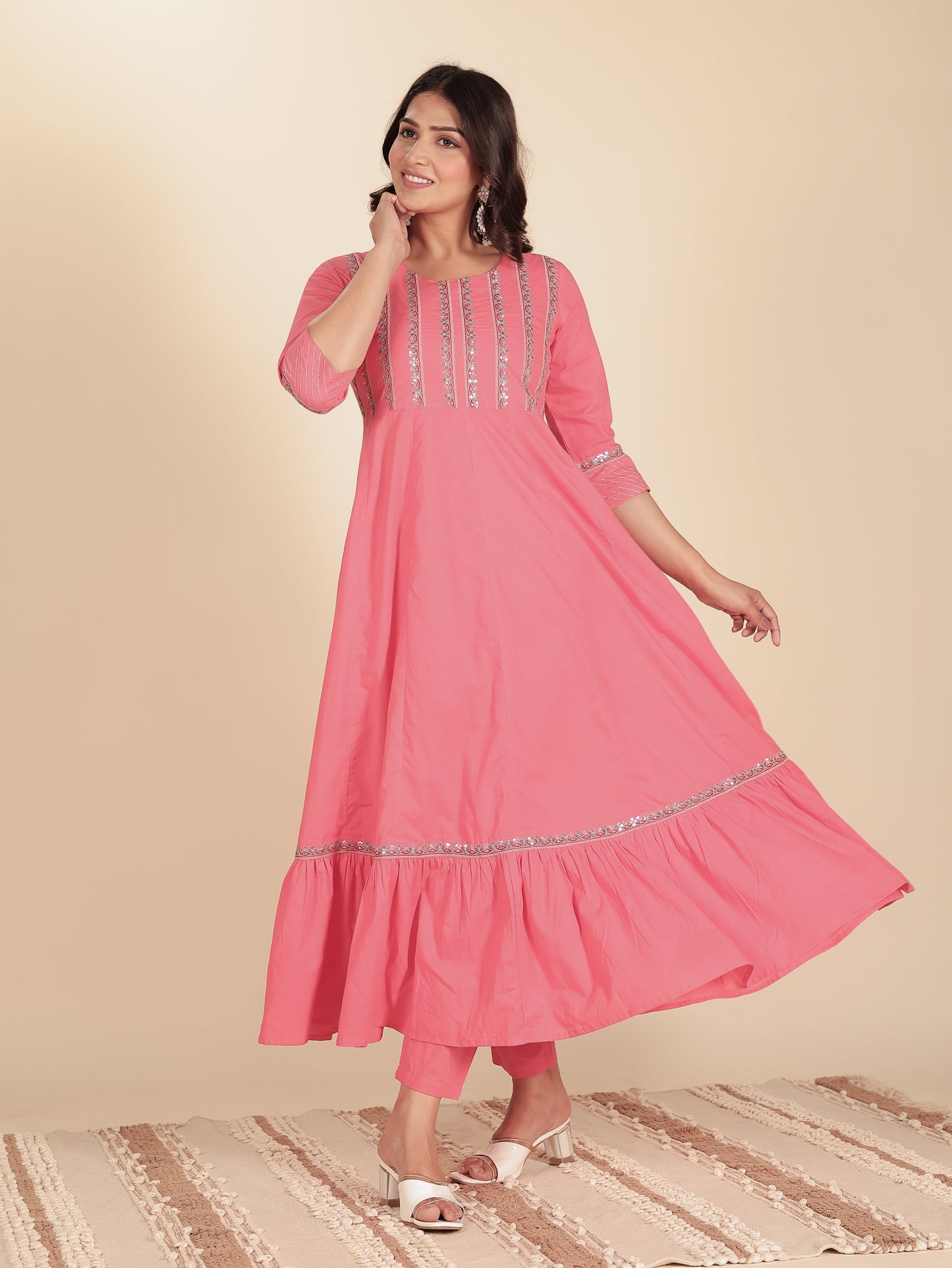 Embroidered Soft Cotton Solid Anarkali Pink Kurta