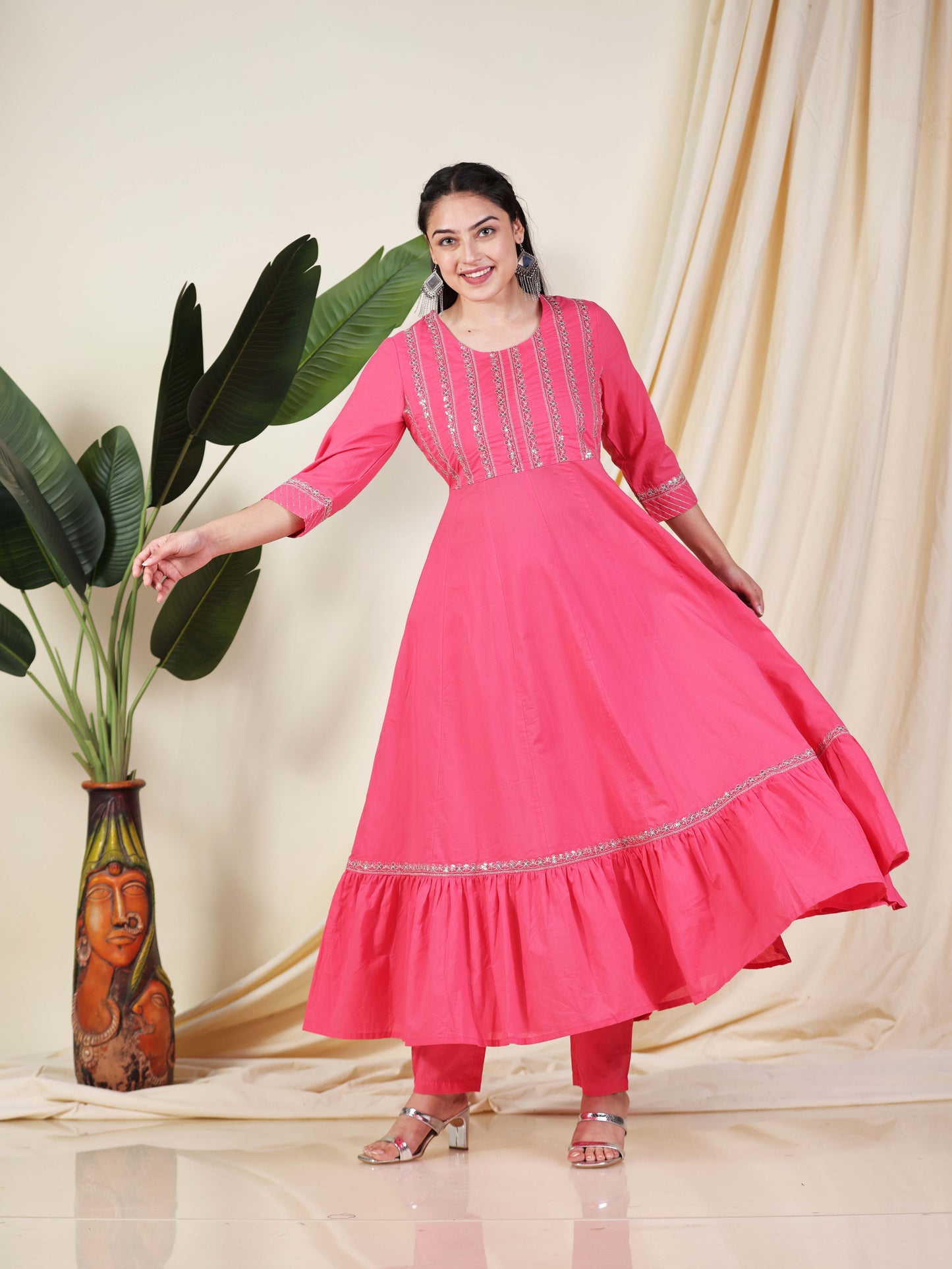 Embroidered Soft Cotton Solid Anarkali Pink Kurta