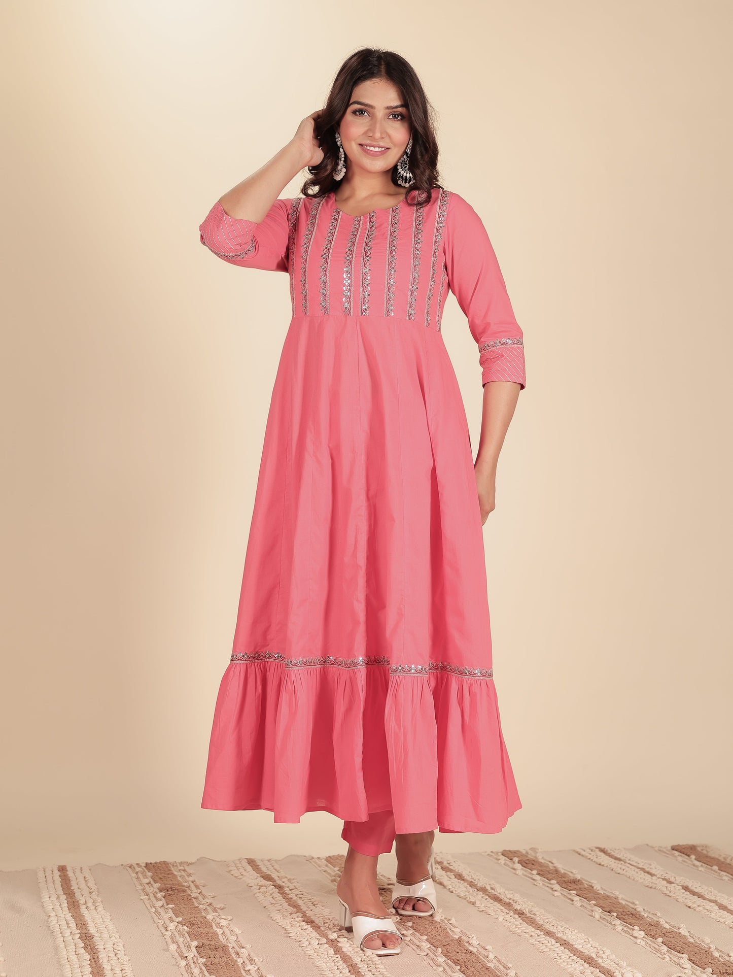 Embroidered Soft Cotton Solid Anarkali Pink Kurta
