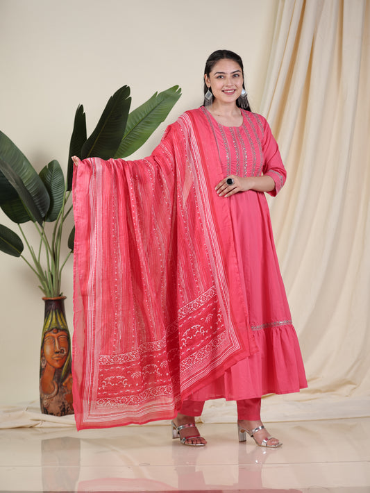 Embroidered Soft Cotton Solid Anarkali Pink Kurta