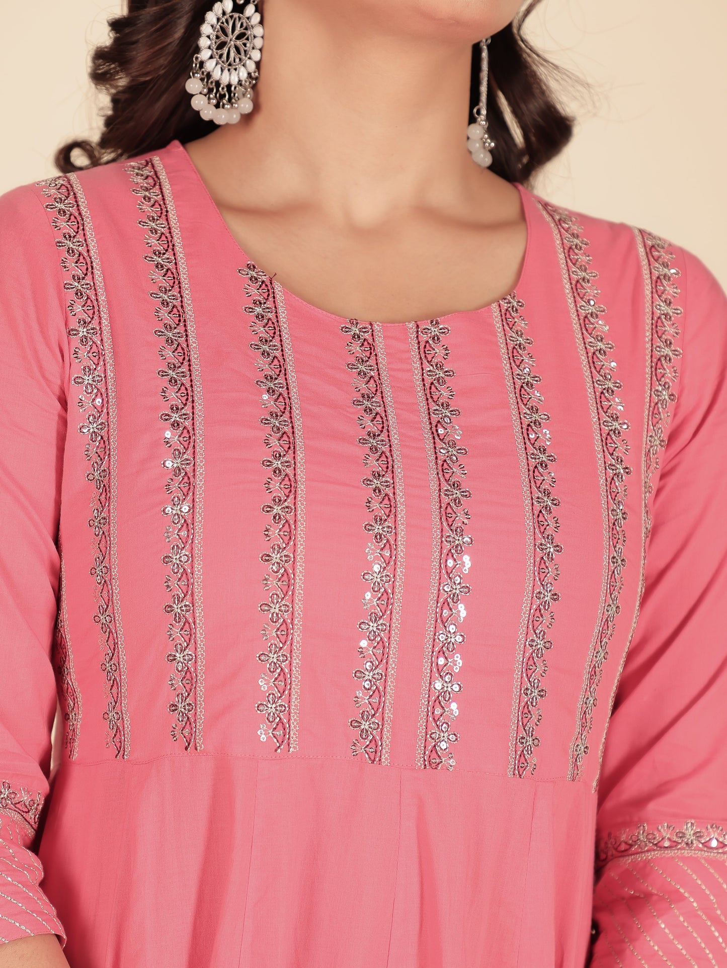 Embroidered Soft Cotton Solid Anarkali Pink Kurta